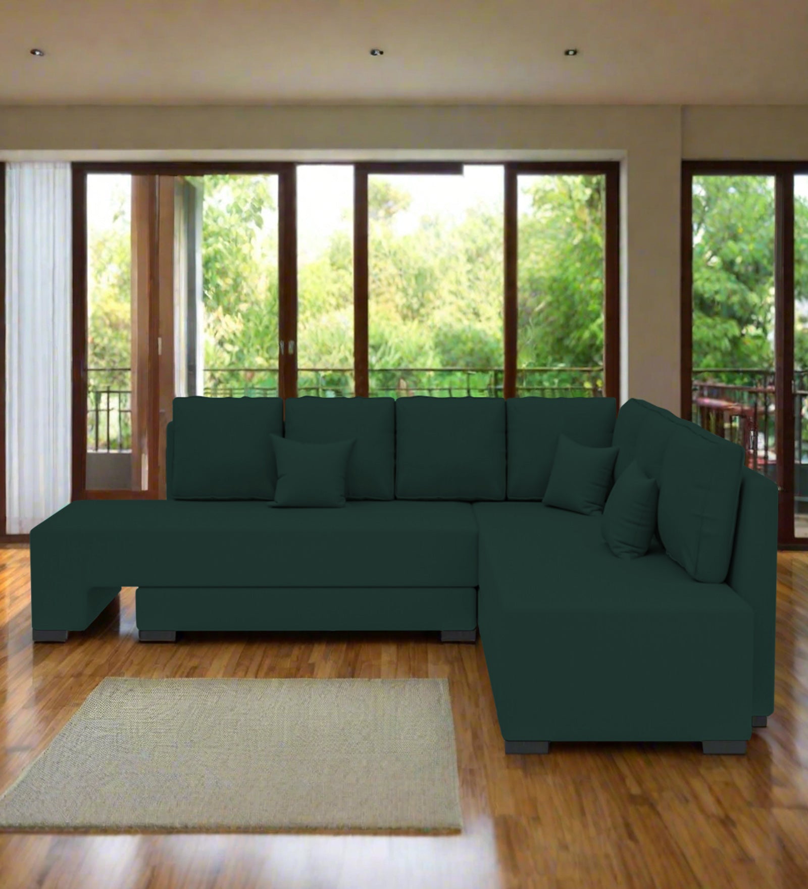Corby Velvet RHS 6 Seater Convertible Sofa Cum Bed In Forest Green Colour - Febonic Living
