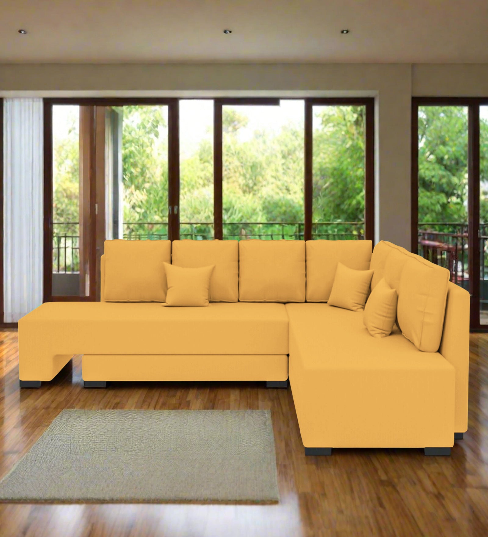 Corby Velvet RHS 6 Seater Convertible Sofa Cum Bed In Turmeric Yellow Colour - Febonic Living