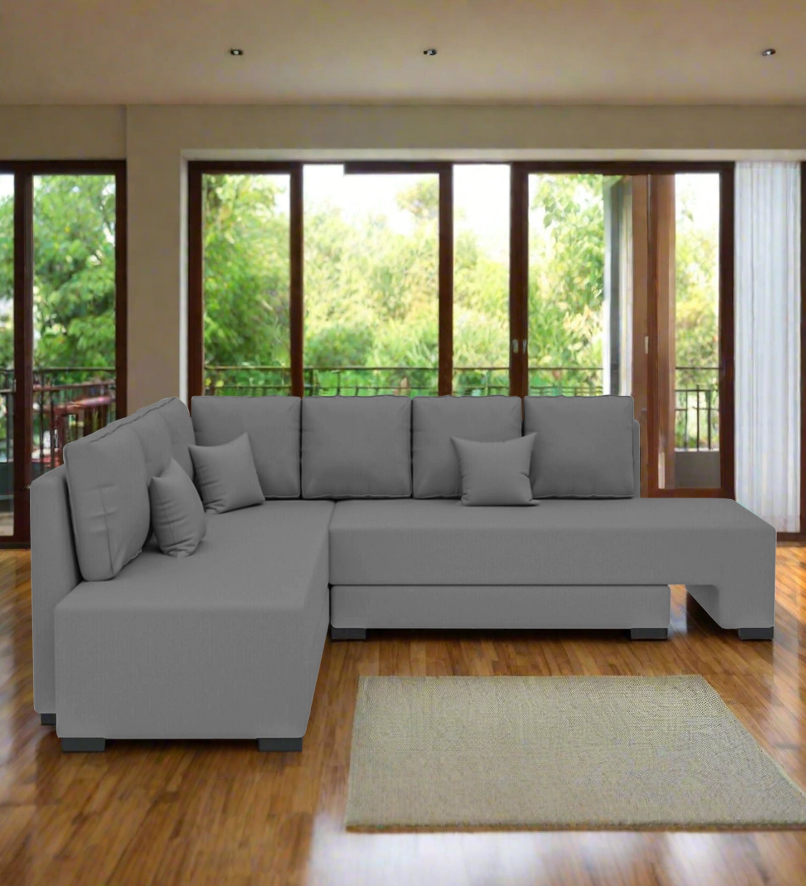 Corby Velvet LHS 6 Seater Convertible Sofa Cum Bed In Light Grey Colour - Febonic Living