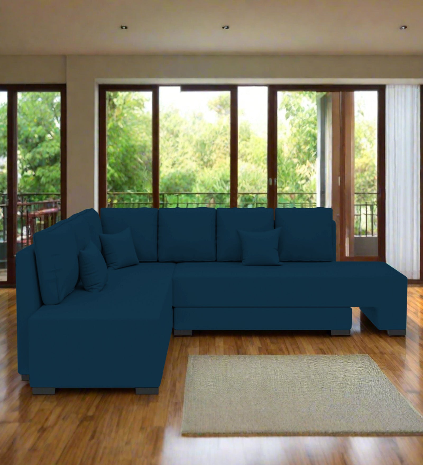 Corby Velvet LHS 6 Seater Convertible Sofa Cum Bed In Azure Blue Colour - Febonic Living