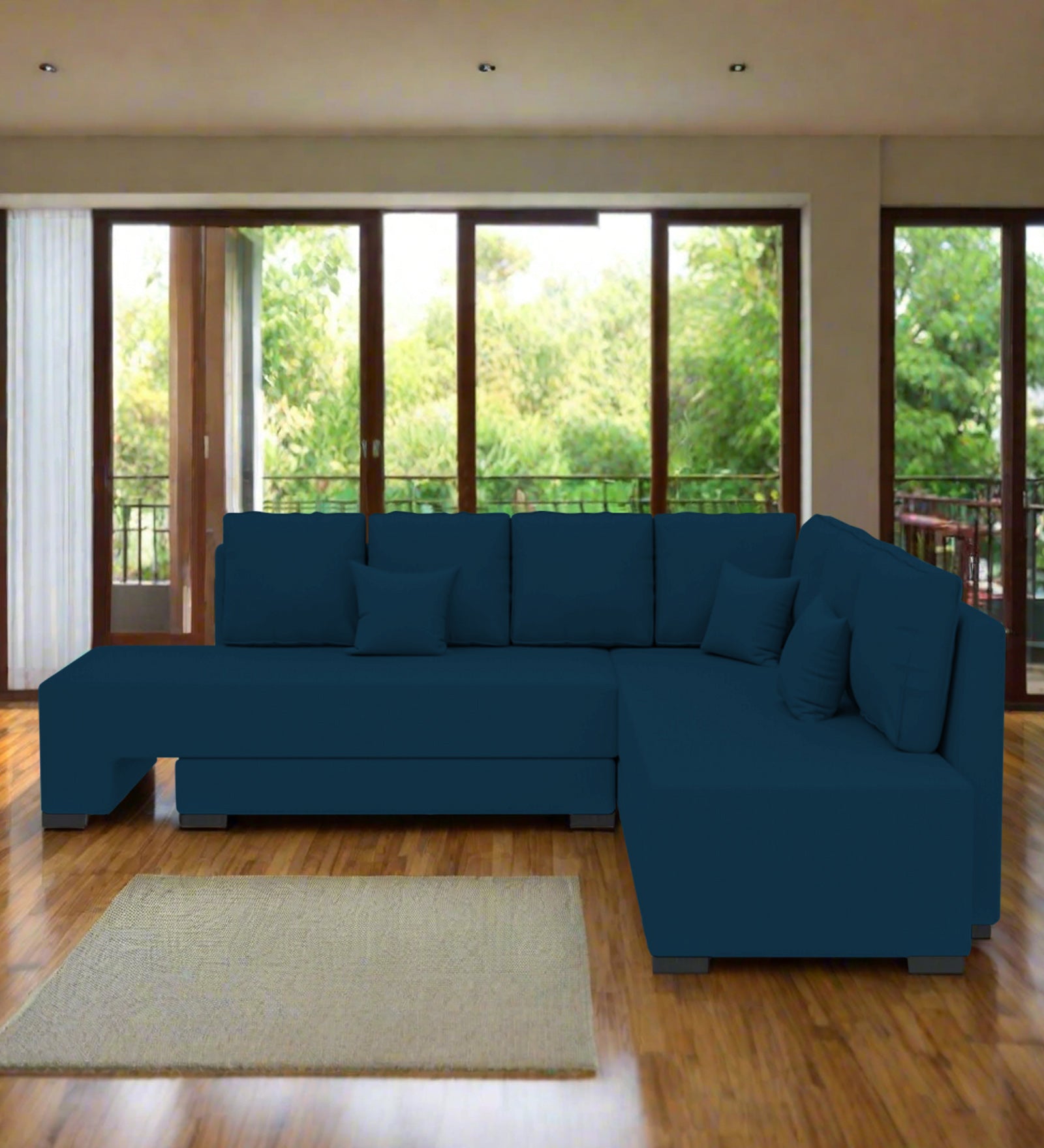 Corby Velvet RHS 6 Seater Convertible Sofa Cum Bed In Azure Blue Colour - Febonic Living