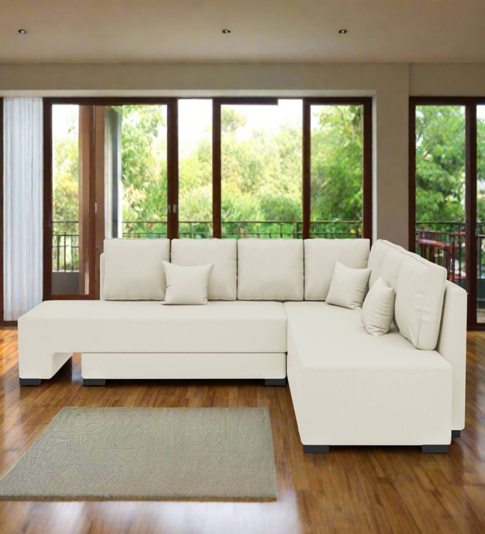 Corby Velvet RHS 6 Seater Convertible Sofa Cum Bed In Warm White Colour - Febonic Living