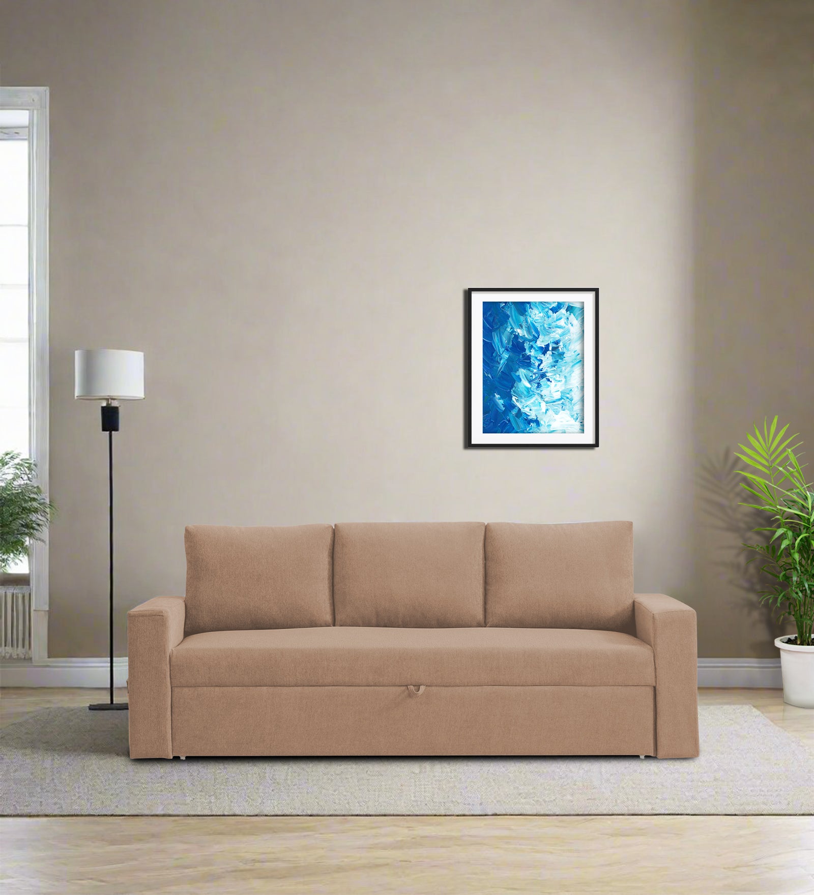 Kara Fabric 3 Seater Pull Out Sofa Cum Bed In Cosmic Beige Colour - Febonic Living