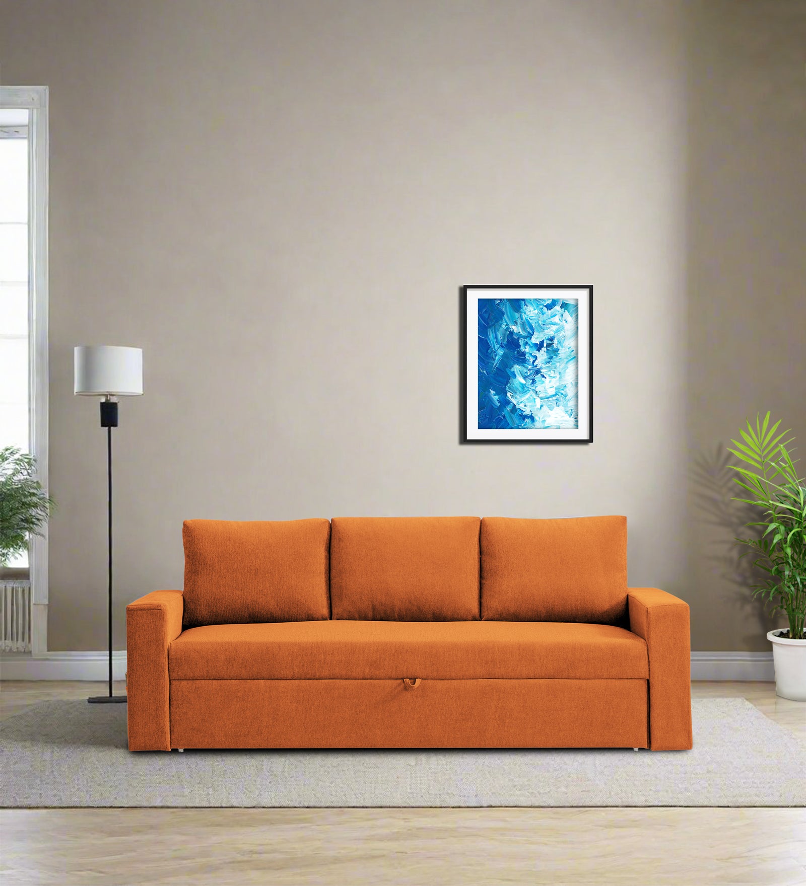 Kara Fabric 3 Seater Pull Out Sofa Cum Bed In Vivid Orange Colour - Febonic Living