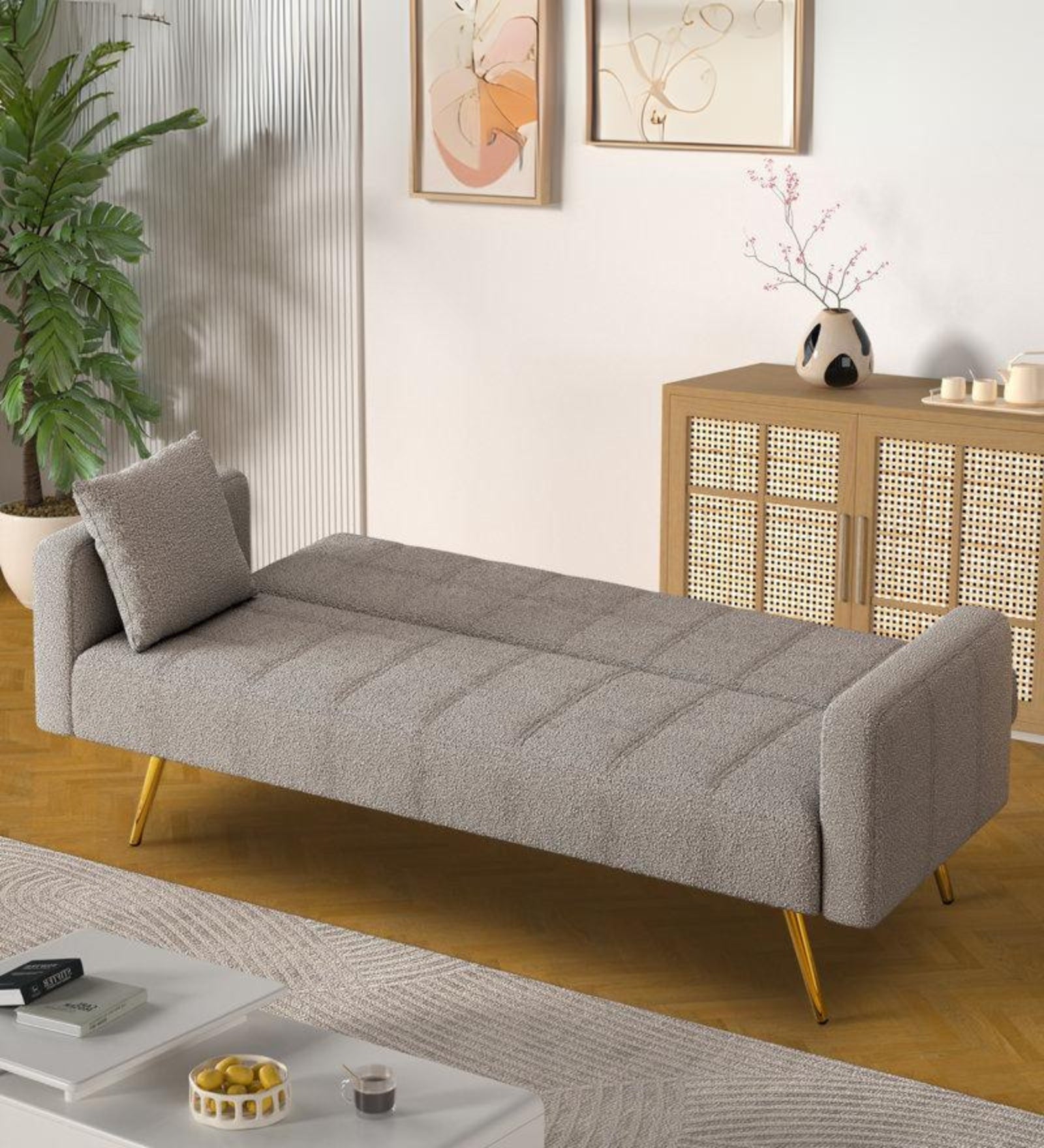 Arrow Boucle Fabric 3 Seater Convertible Sofa Cum Bed In Cement Beige Colour - Febonic Living