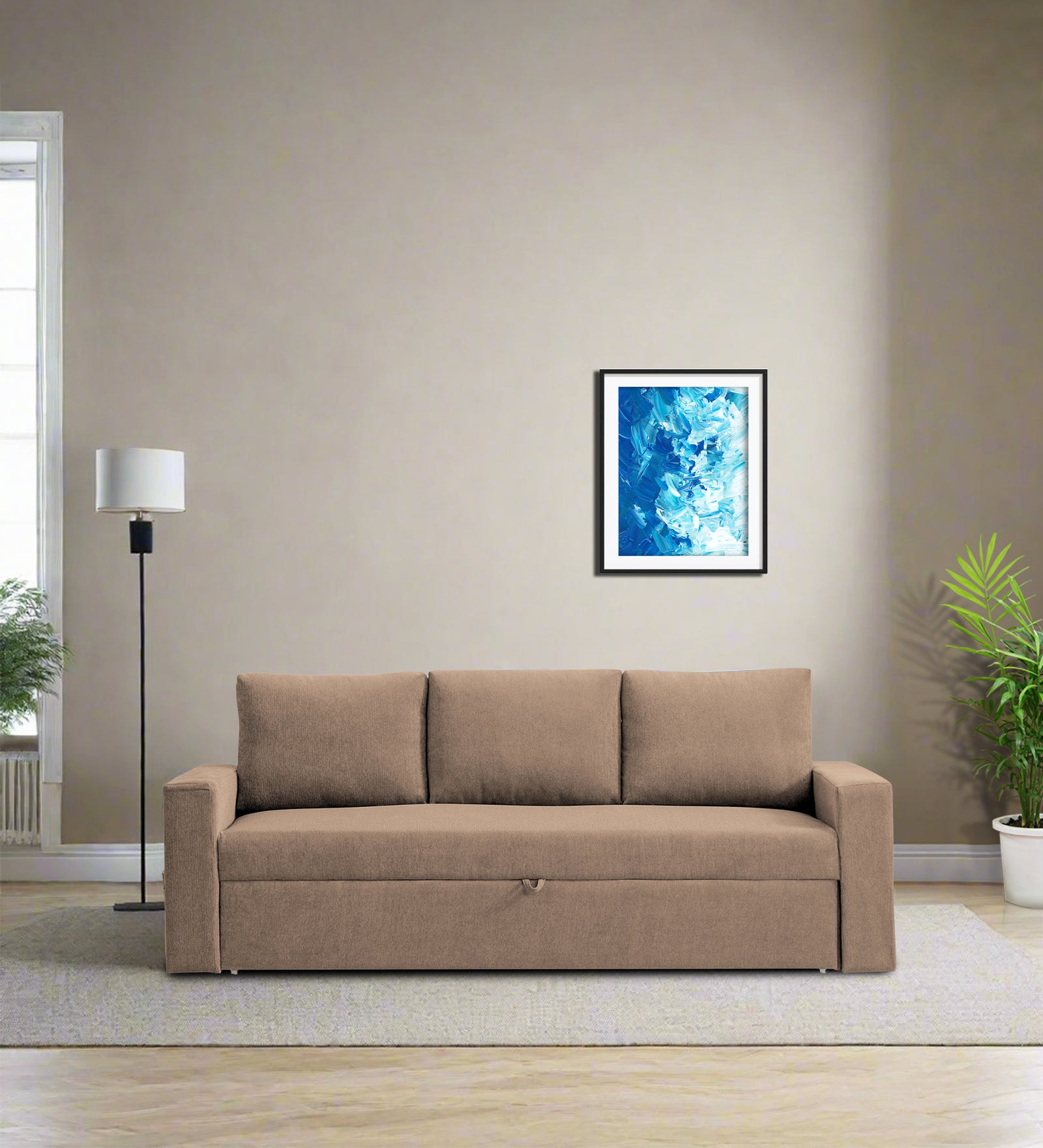 Kara Fabric 3 Seater Pull Out Sofa Cum Bed In Cookie Beige Colour - Febonic Living