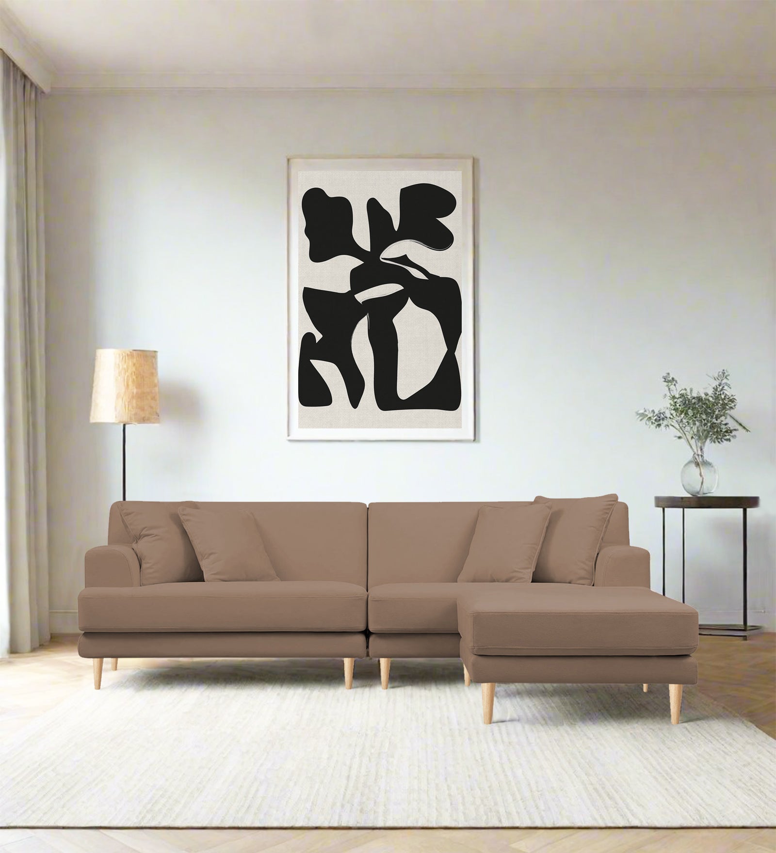 Woody Fabric LHS Sectional Sofa (3+Lounger) In Wheat Beige Colour - Febonic Living