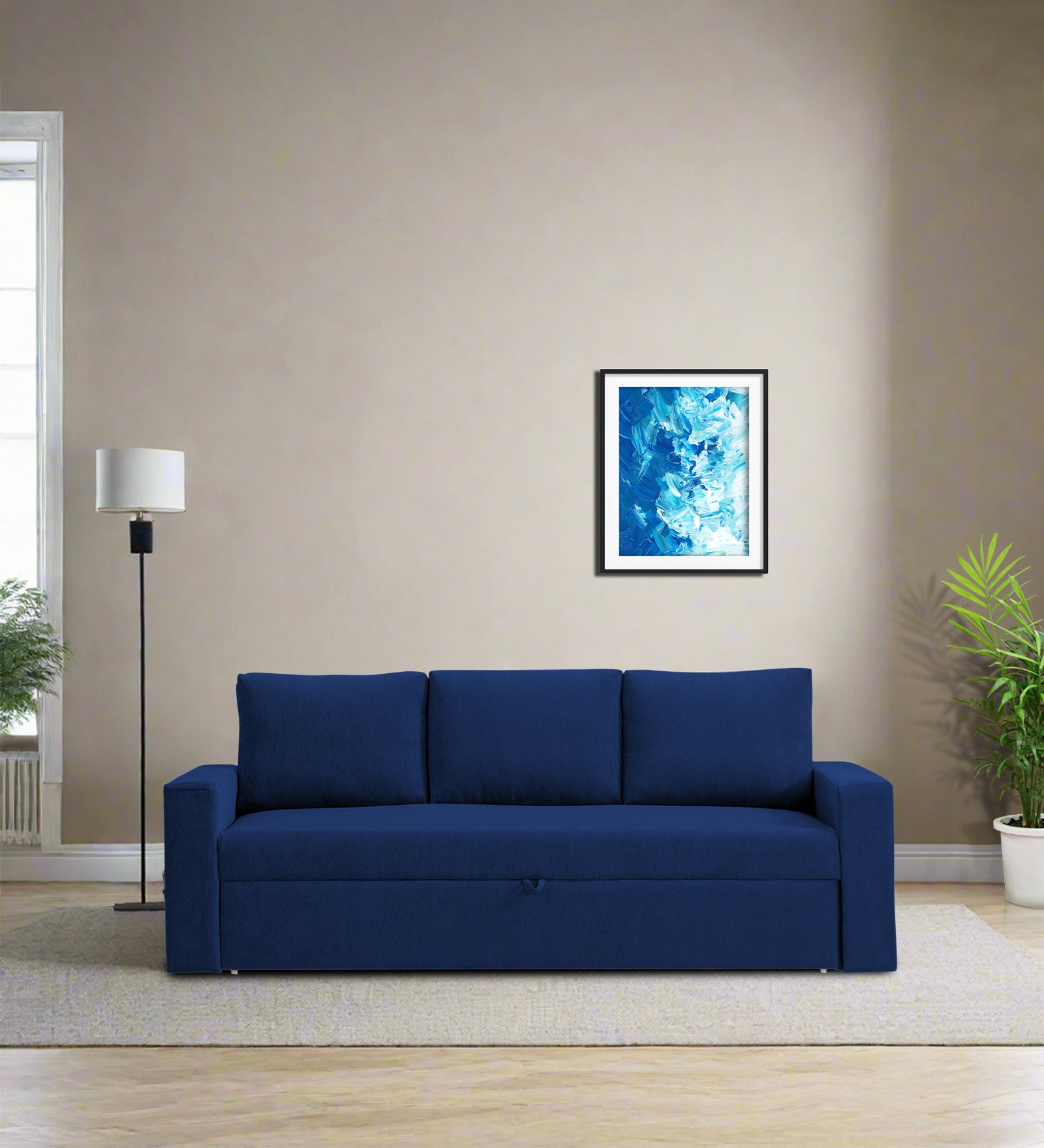 Kara Fabric 3 Seater Pull Out Sofa Cum Bed In Royal Blue Colour - Febonic Living