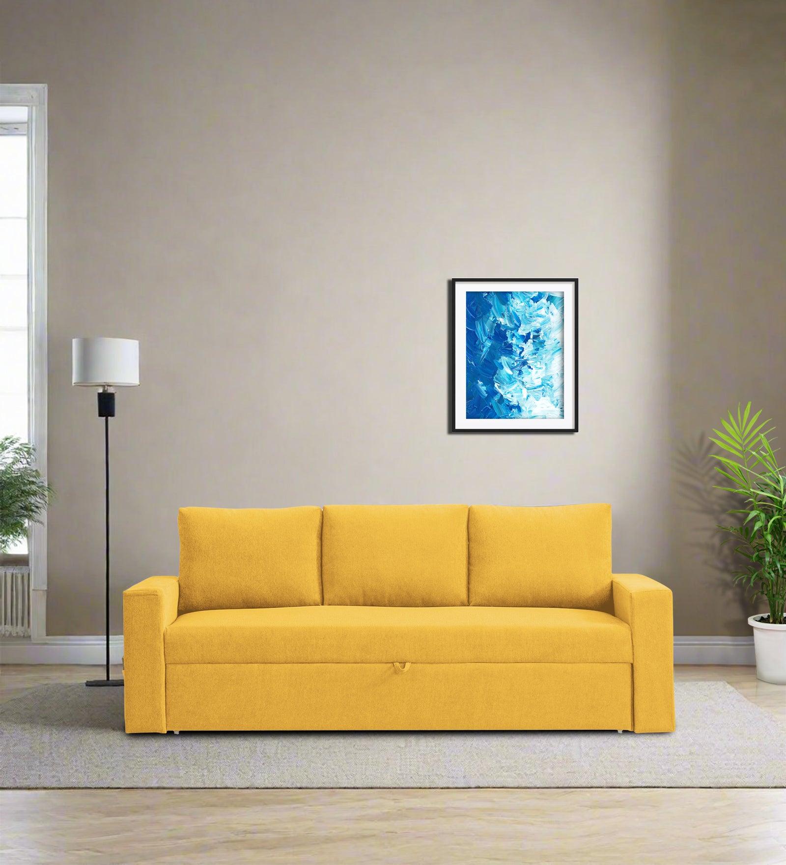 Kara Fabric 3 Seater Pull Out Sofa Cum Bed In Bold Yellow Colour - Febonic Living