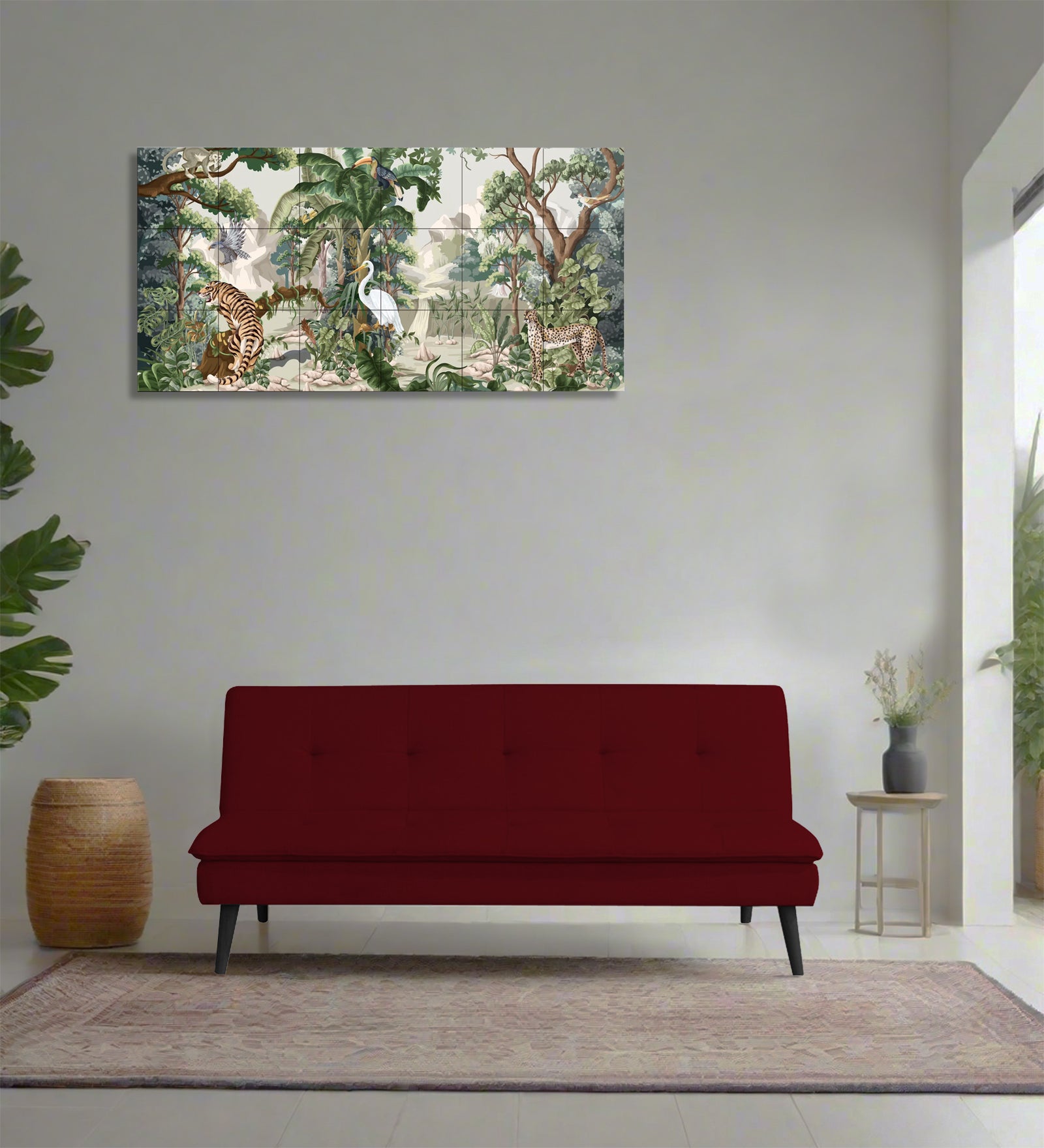 Toner Fabric 3 Seater Convertible Sofa Cum Bed In Ruby Red Colour - Febonic Living