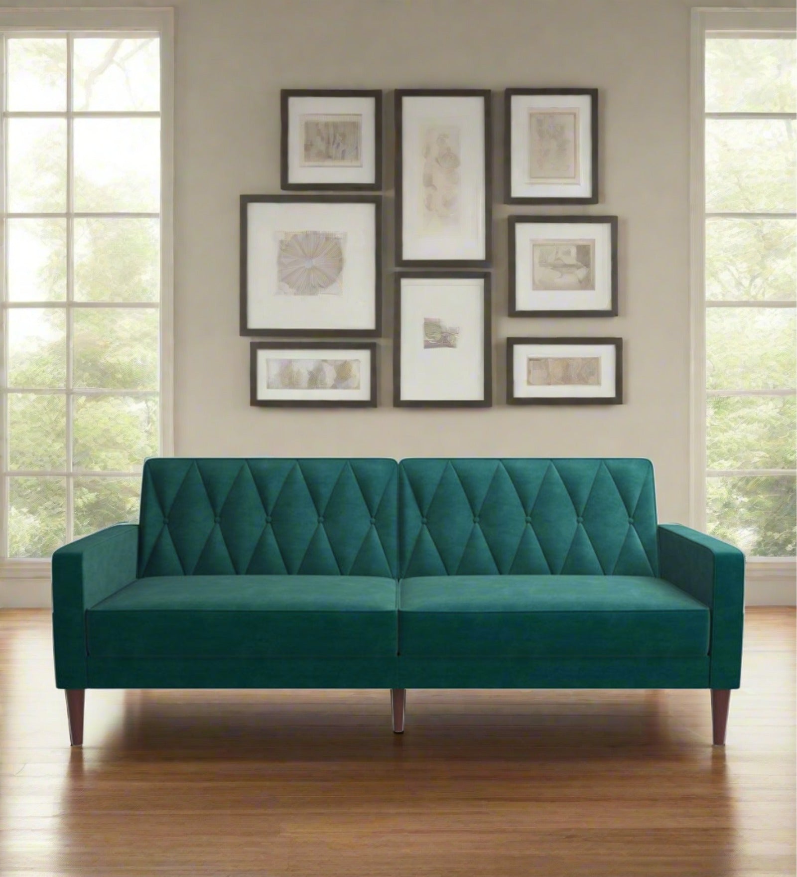 Luster Velvet 3 Seater Convertible Sofa Cum Bed In Pine Green Colour - Febonic Living