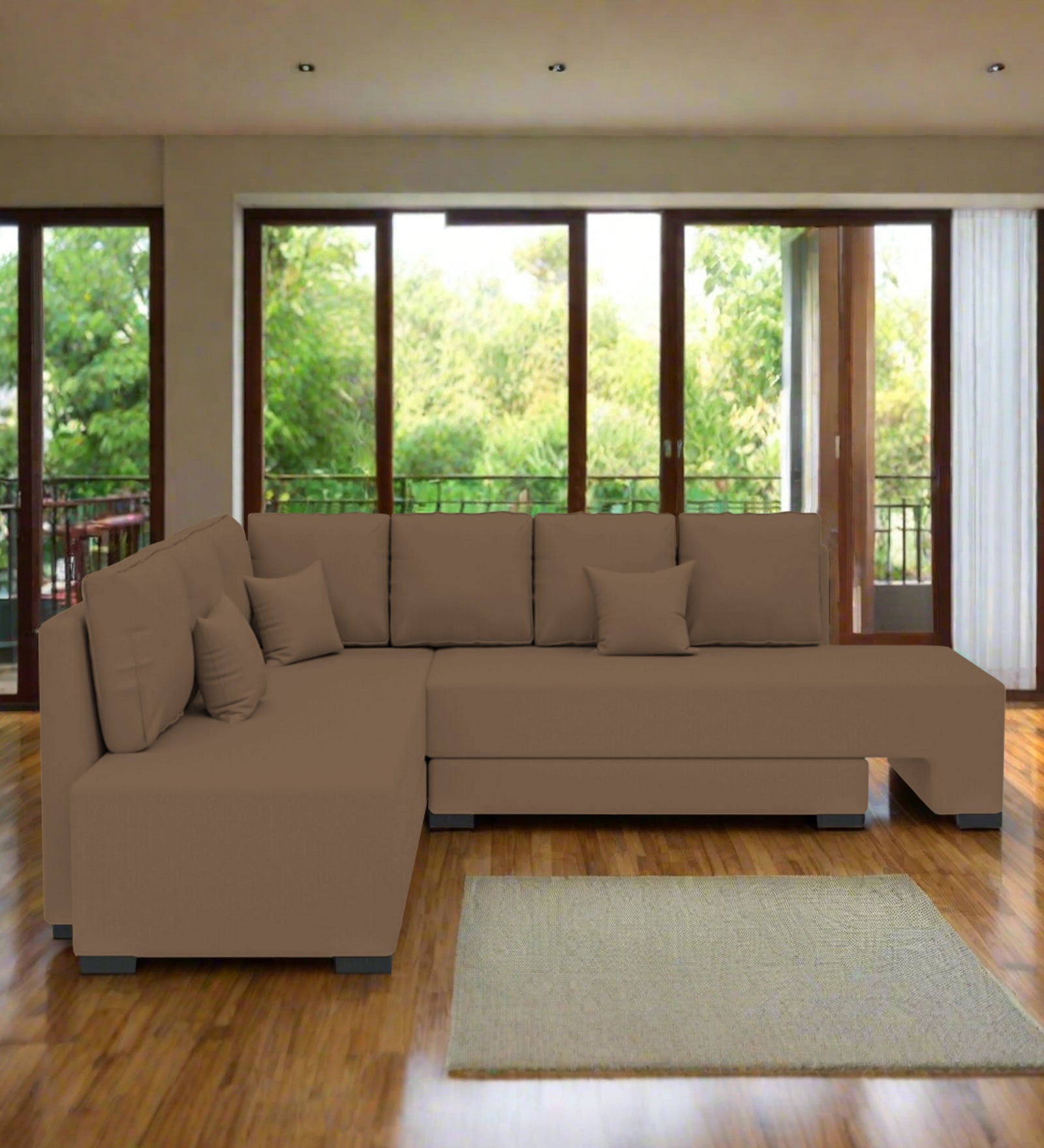 Corby Velvet LHS 6 Seater Convertible Sofa Cum Bed In Mocha Mouse Colour - Febonic Living