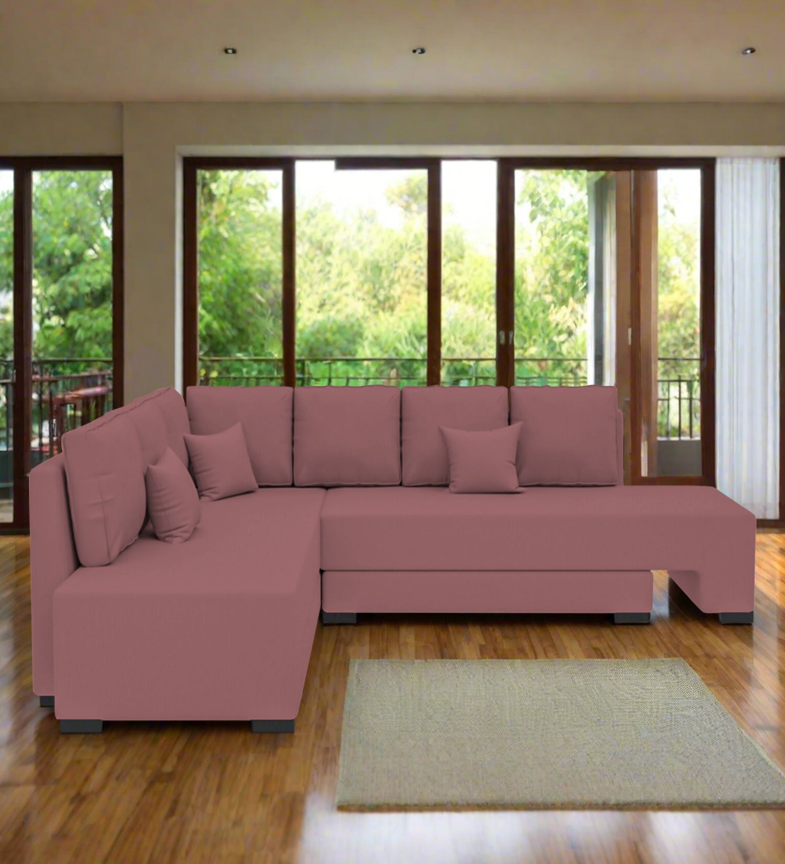 Corby Velvet LHS 6 Seater Convertible Sofa Cum Bed In Rose Pink Colour - Febonic Living