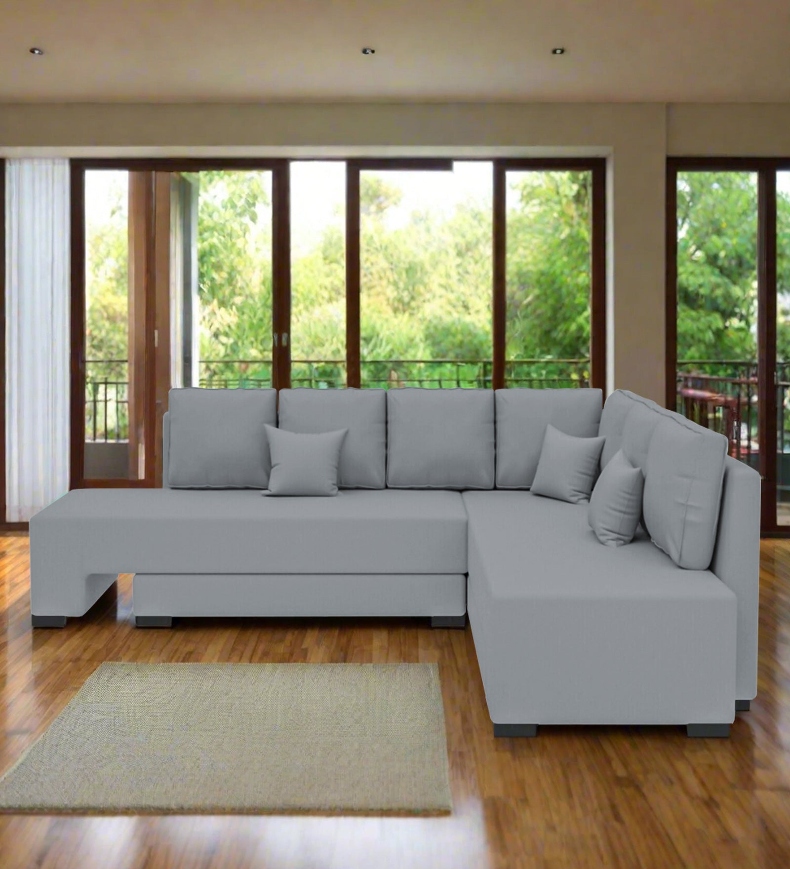 Corby Velvet RHS 6 Seater Convertible Sofa Cum Bed In Concrete Grey Colour - Febonic Living