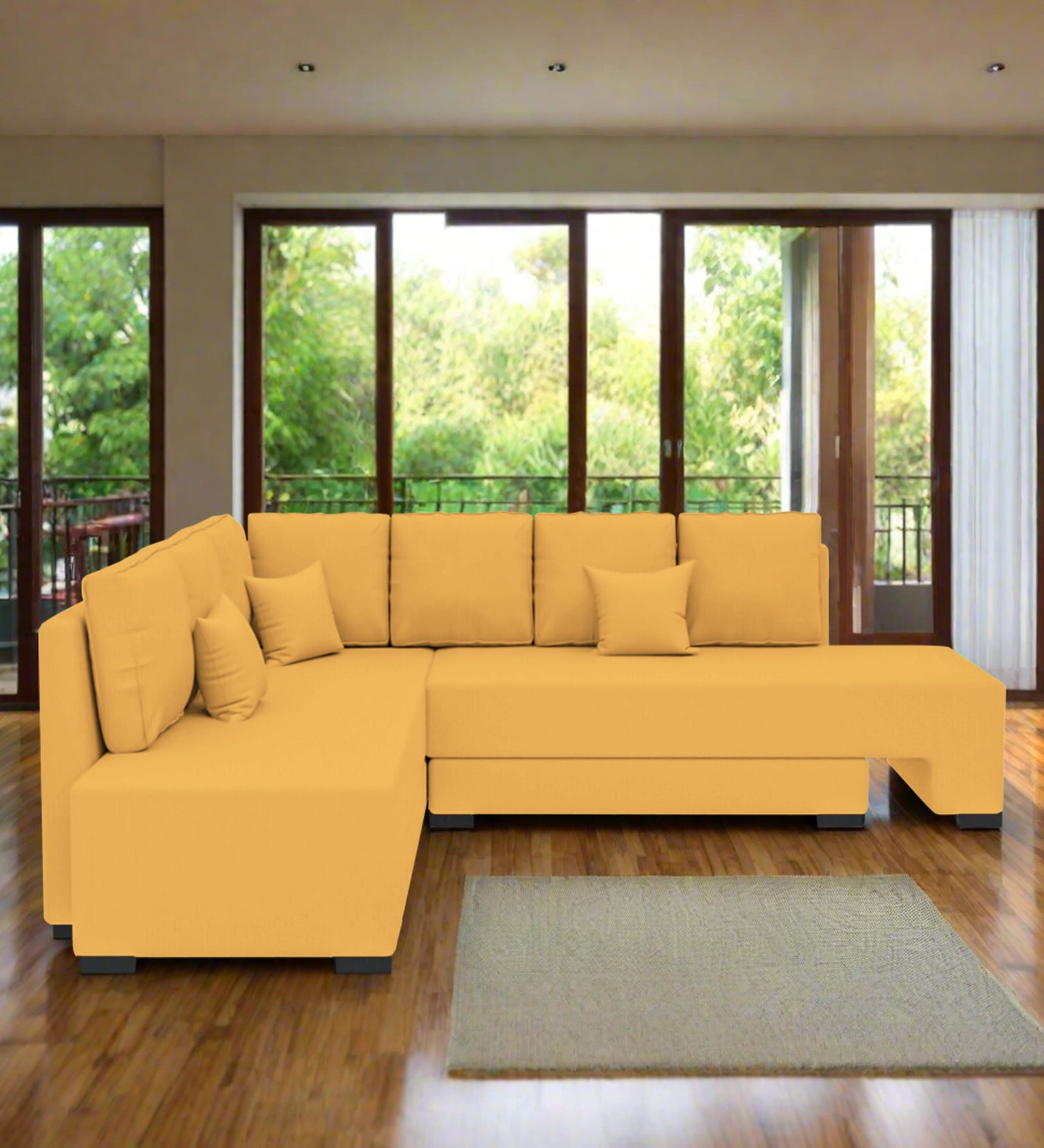 Corby Velvet LHS 6 Seater Convertible Sofa Cum Bed In Turmeric Yellow Colour - Febonic Living