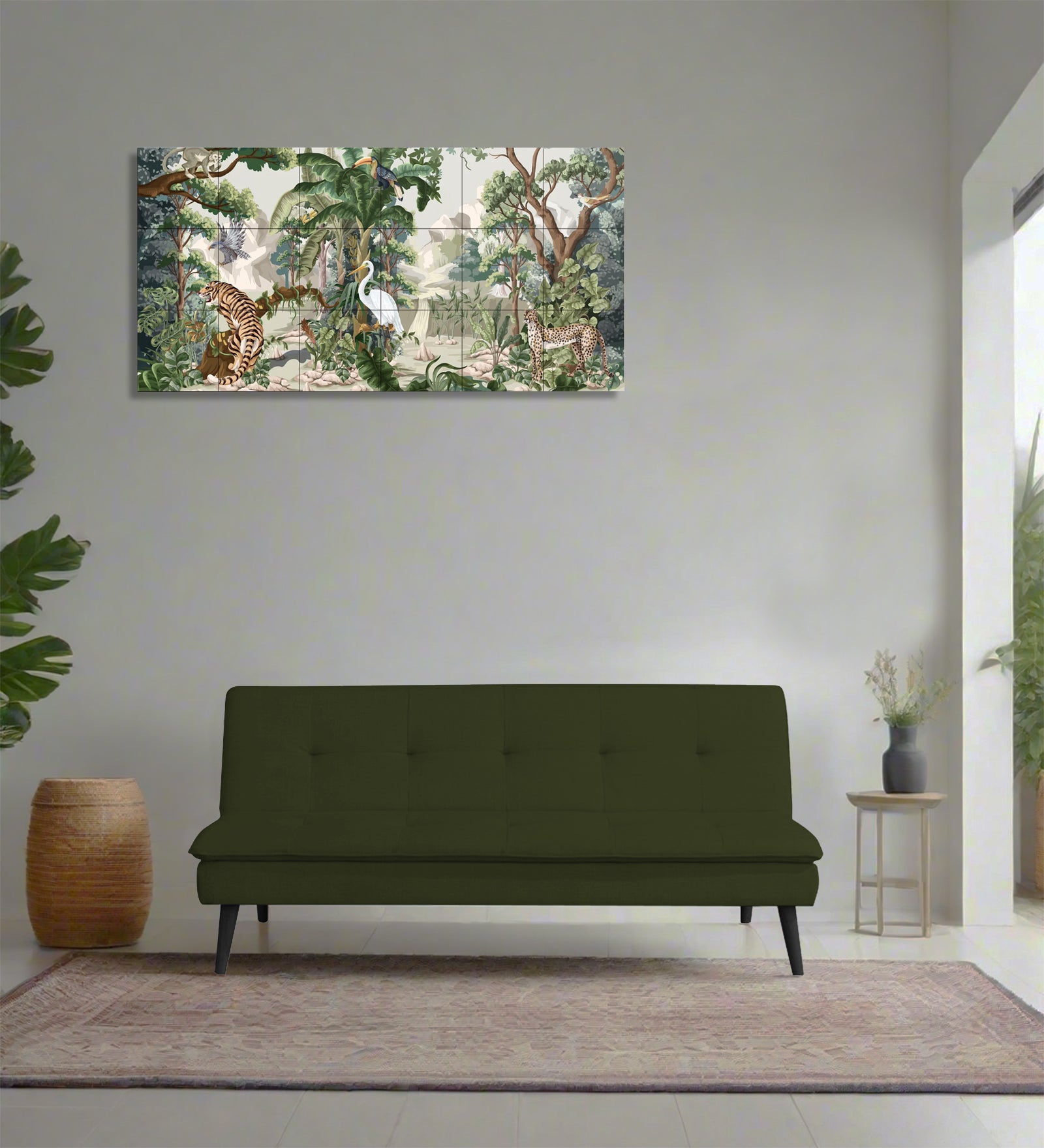 Toner Fabric 3 Seater Convertible Sofa Cum Bed In Olive Green Colour - Febonic Living