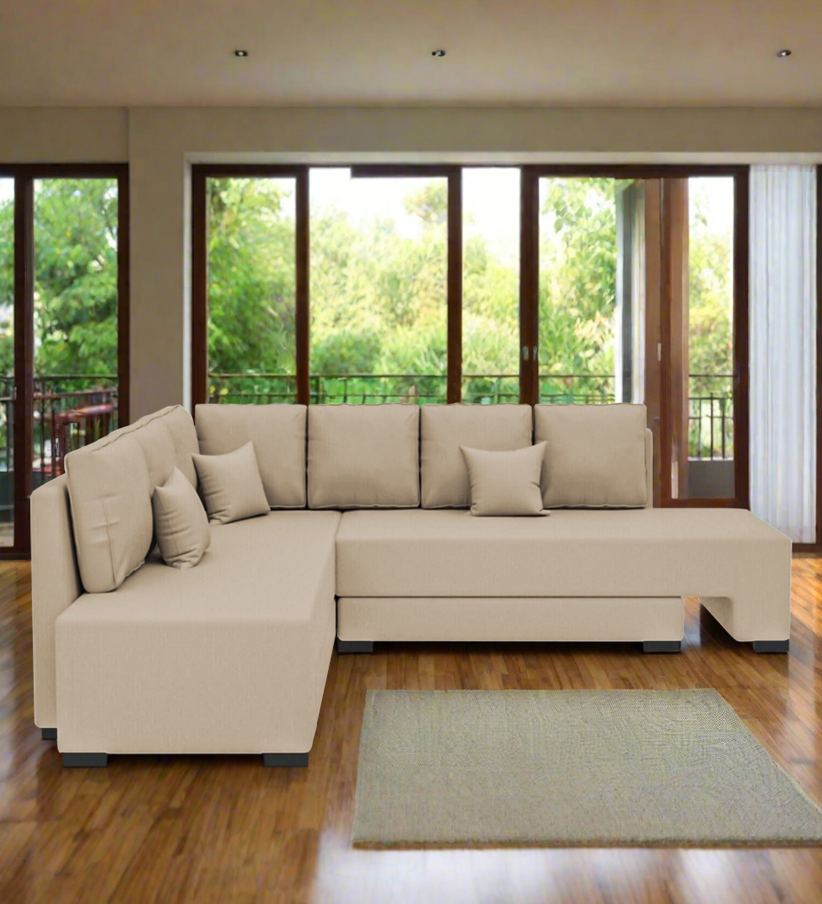 Corby Velvet LHS 6 Seater Convertible Sofa Cum Bed In Cream Beige Colour - Febonic Living