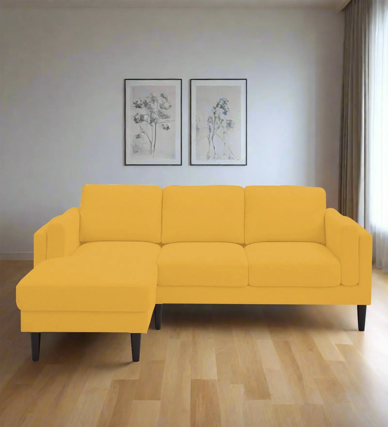 Creata Fabric RHS Sectional Sofa (2+Lounger) In Bold Yellow Colour Febonic Living