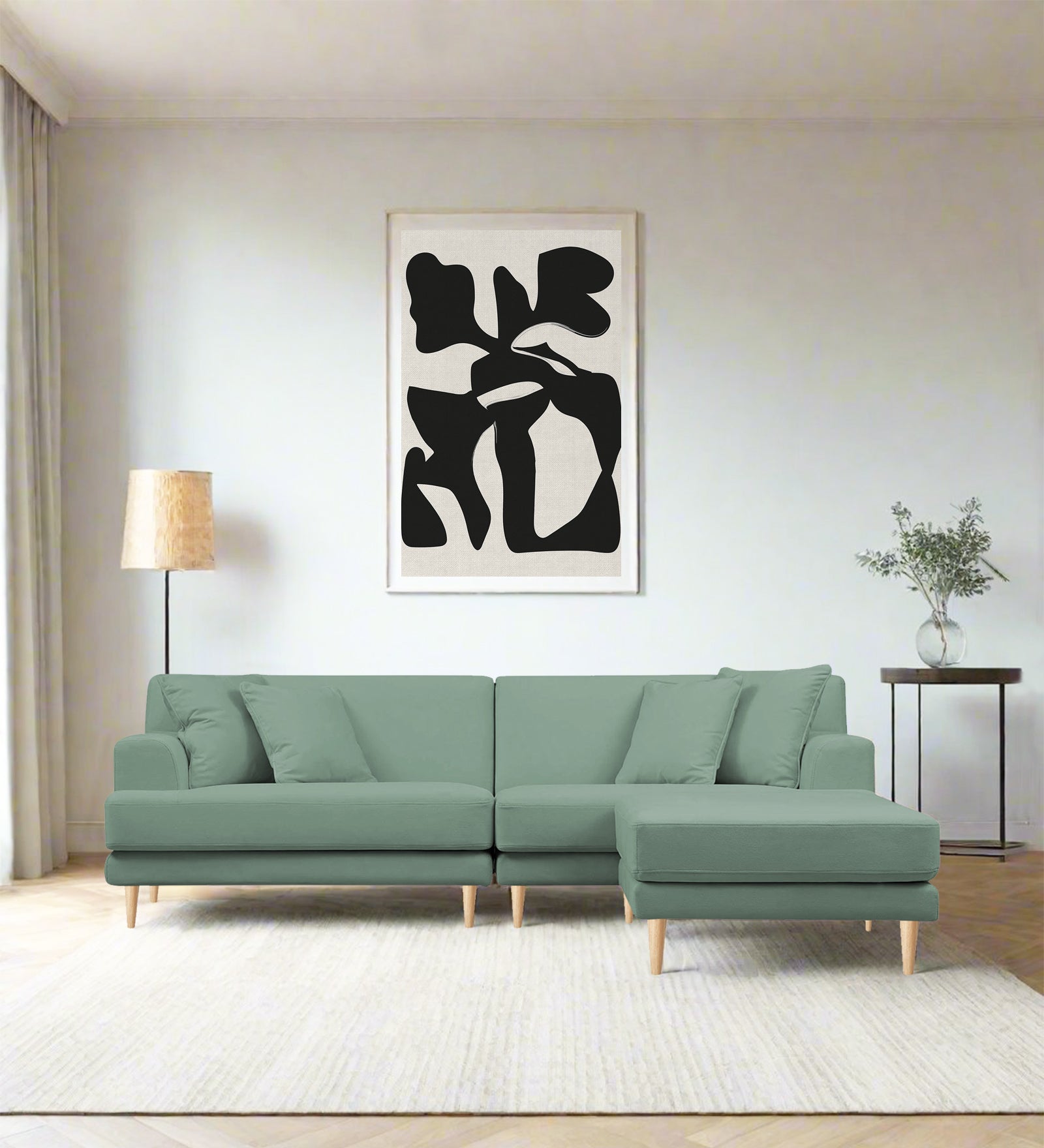 Woody Fabric LHS Sectional Sofa (3+Lounger) In Mist Blue Colour - Febonic Living