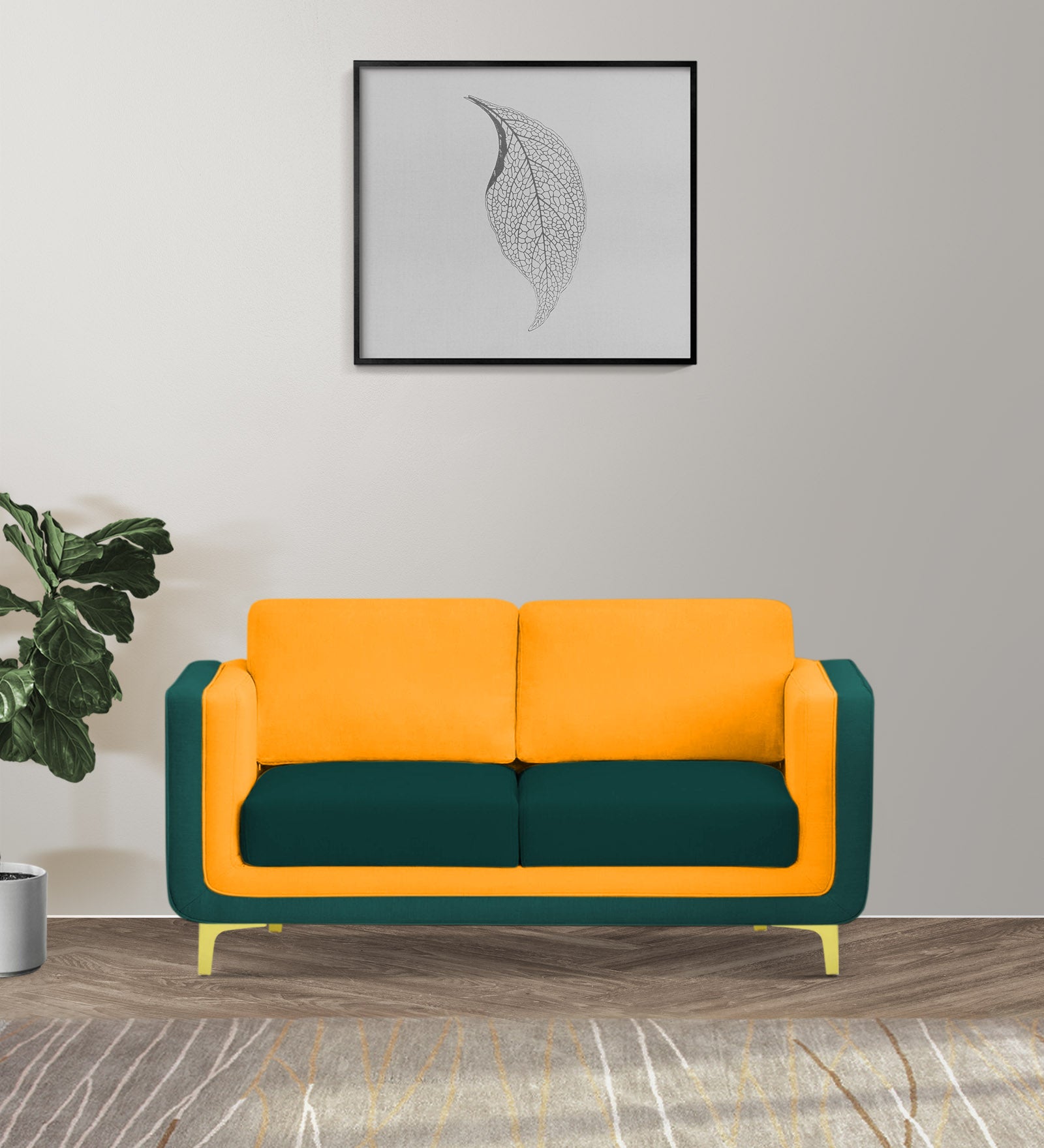 Visky Velvet 2 Seater Sofa In Saffron Yellow And Amazon Green Colour - Febonic Living