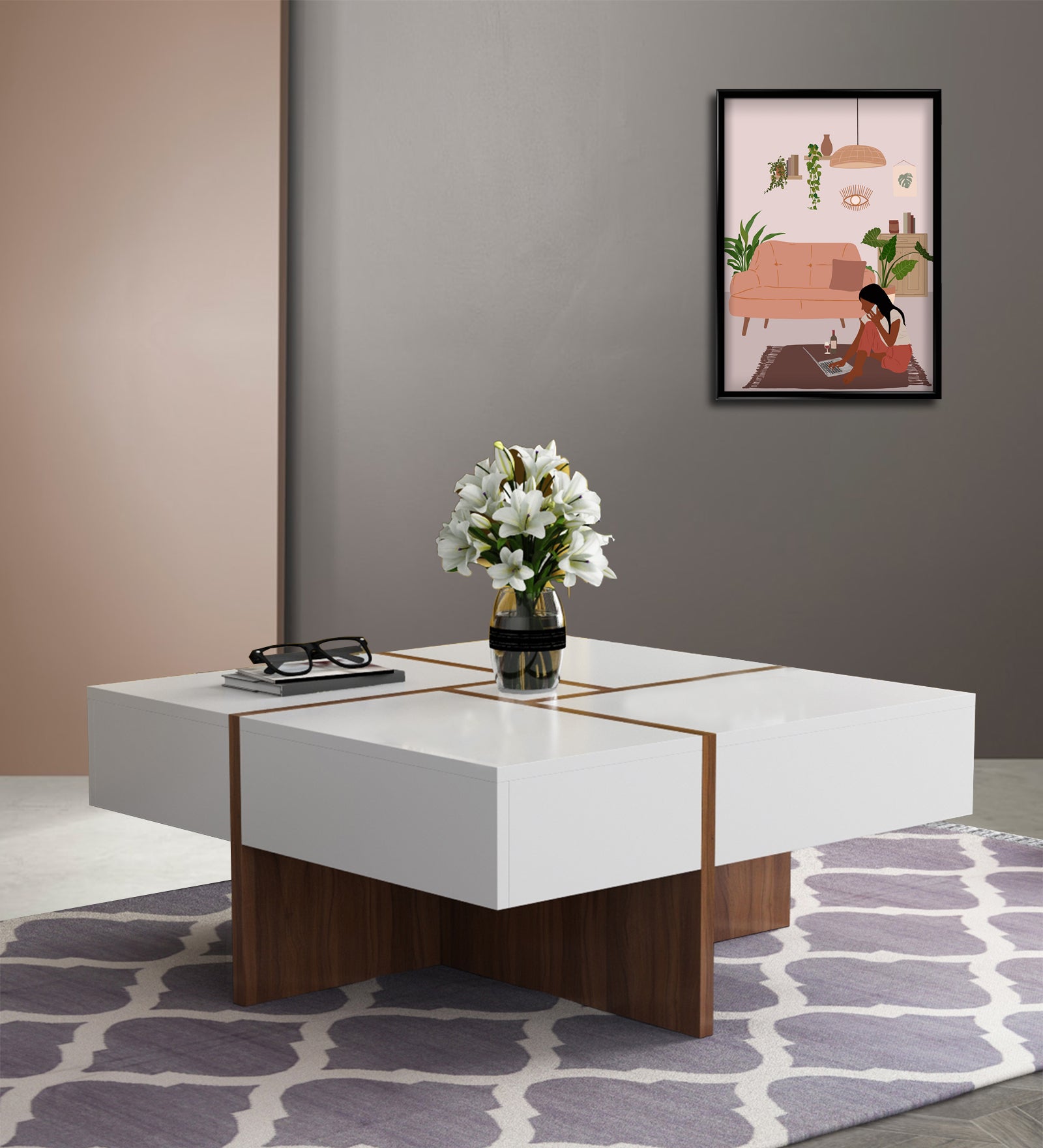 Sonic Coffee Table In Oral Walnut & Frosty White Finish - Febonic Living