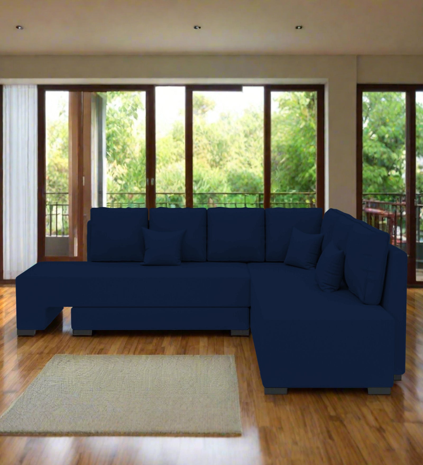 Corby Velvet RHS 6 Seater Convertible Sofa Cum Bed In Imperial Blue Colour - Febonic Living