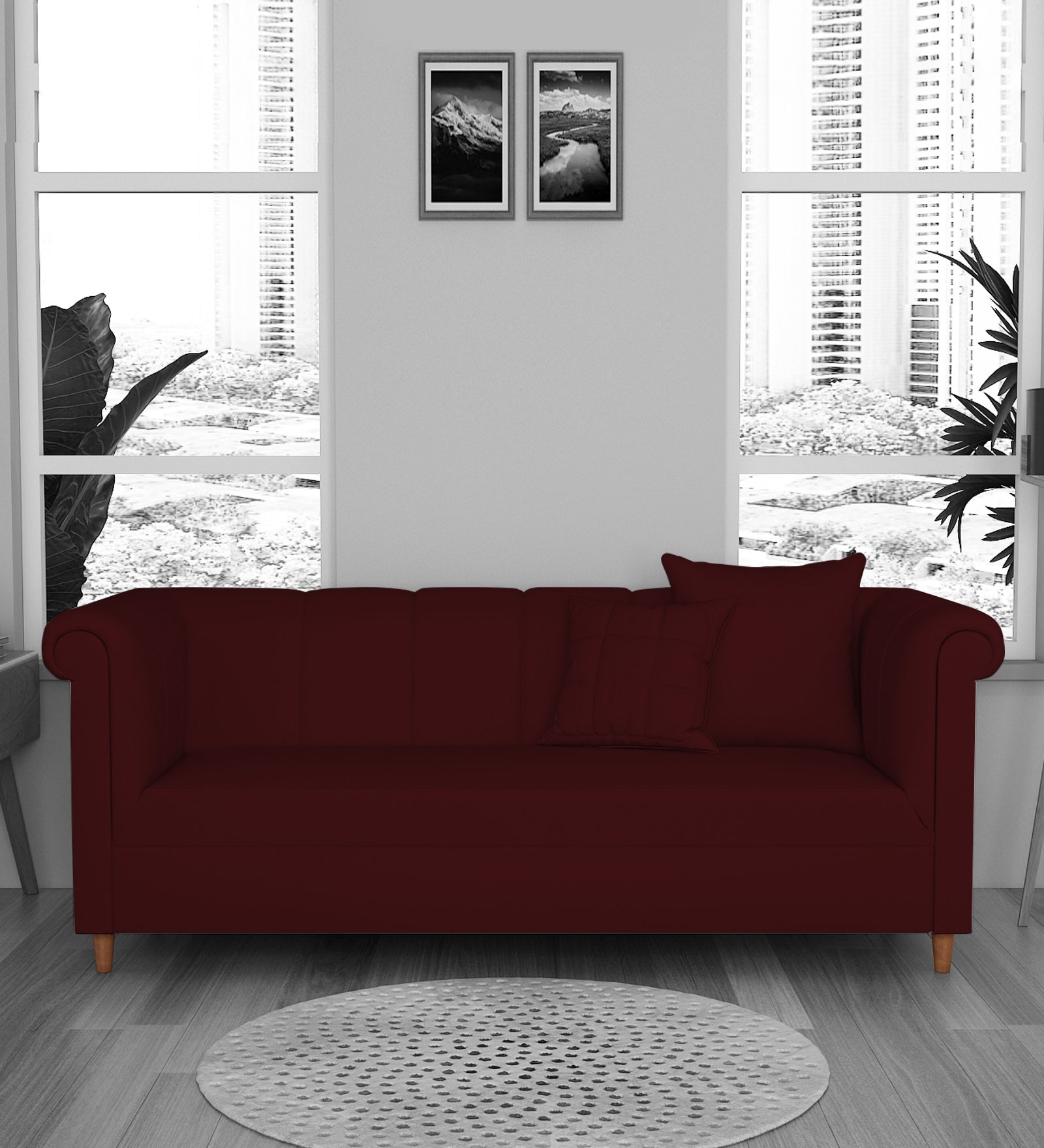 Rubi Velvet Seater Sofa In Dark Maroon Colour