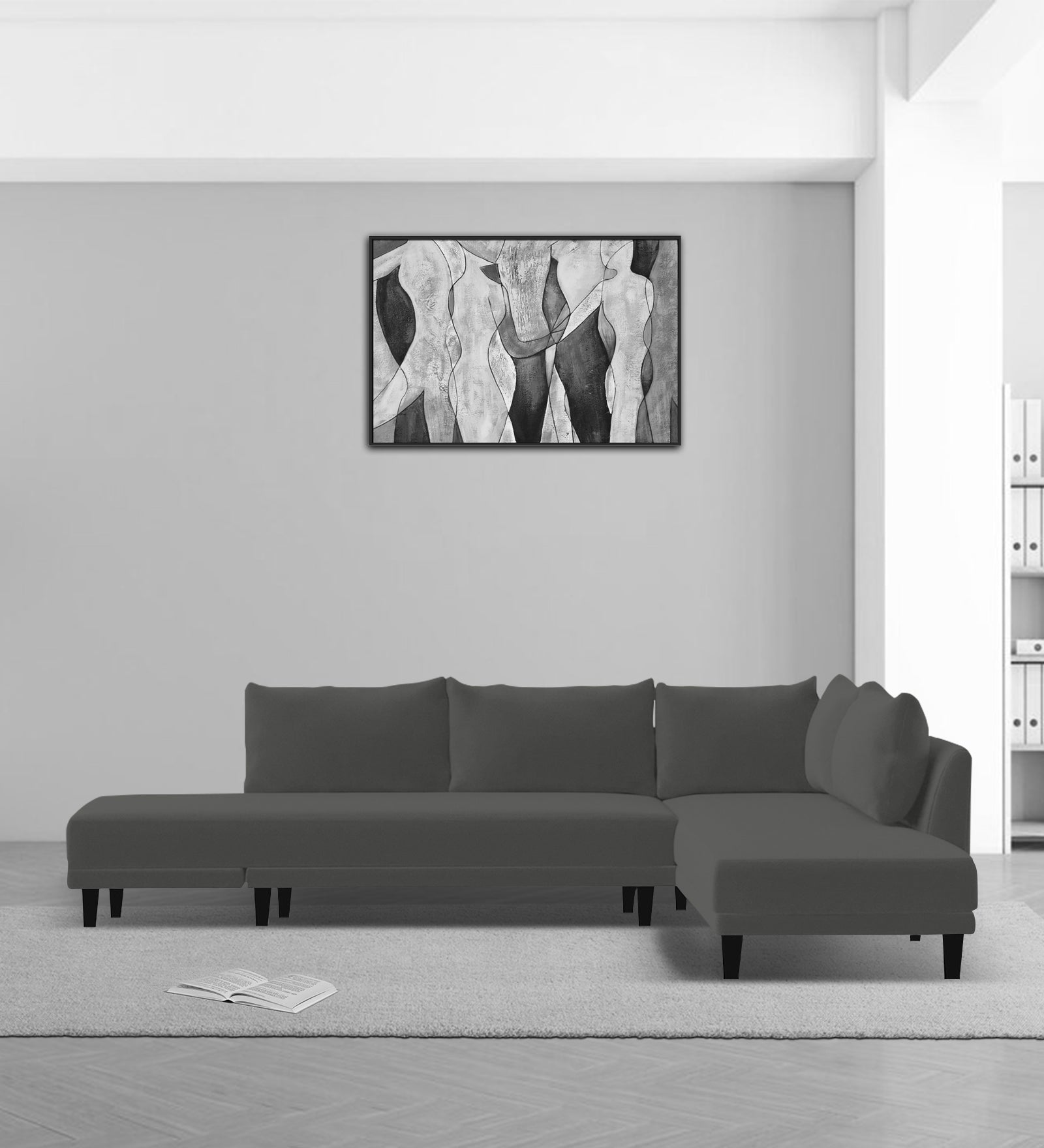 Ira Fabric LHS 6 Seater Convertible Sofa Cum Bed In Charcoal Grey Colour - Febonic Living