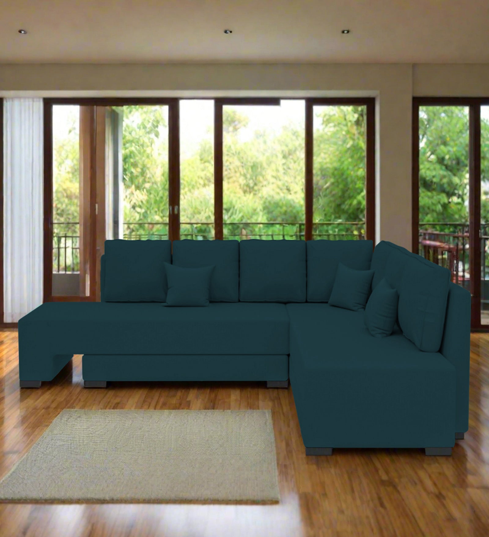 Corby Velvet RHS 6 Seater Convertible Sofa Cum Bed In Arabian Green Colour - Febonic Living
