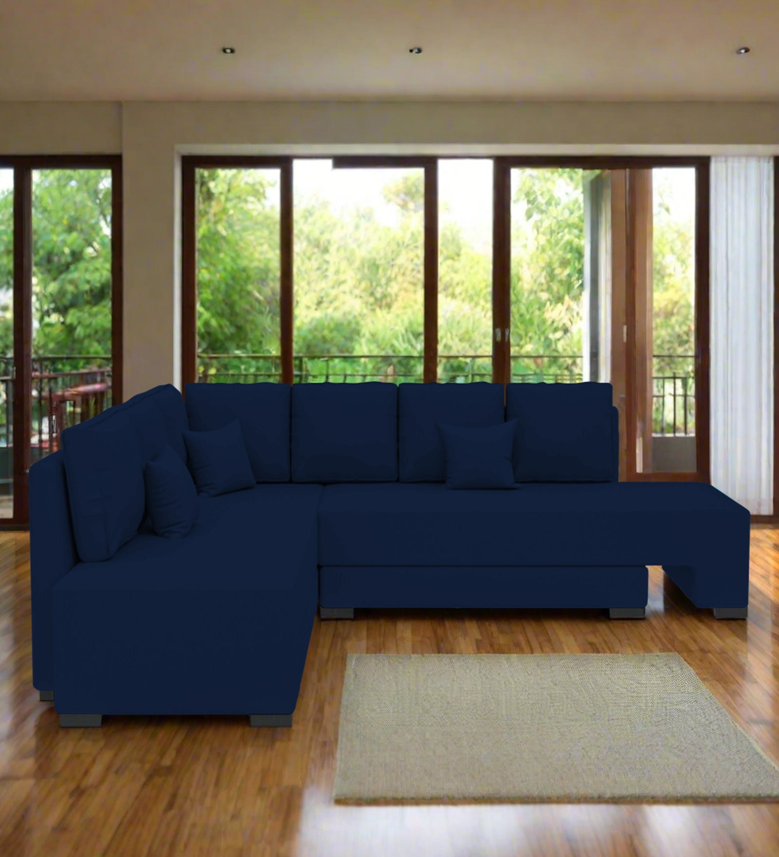 Corby Velvet LHS 6 Seater Convertible Sofa Cum Bed In Imperial Blue Colour - Febonic Living