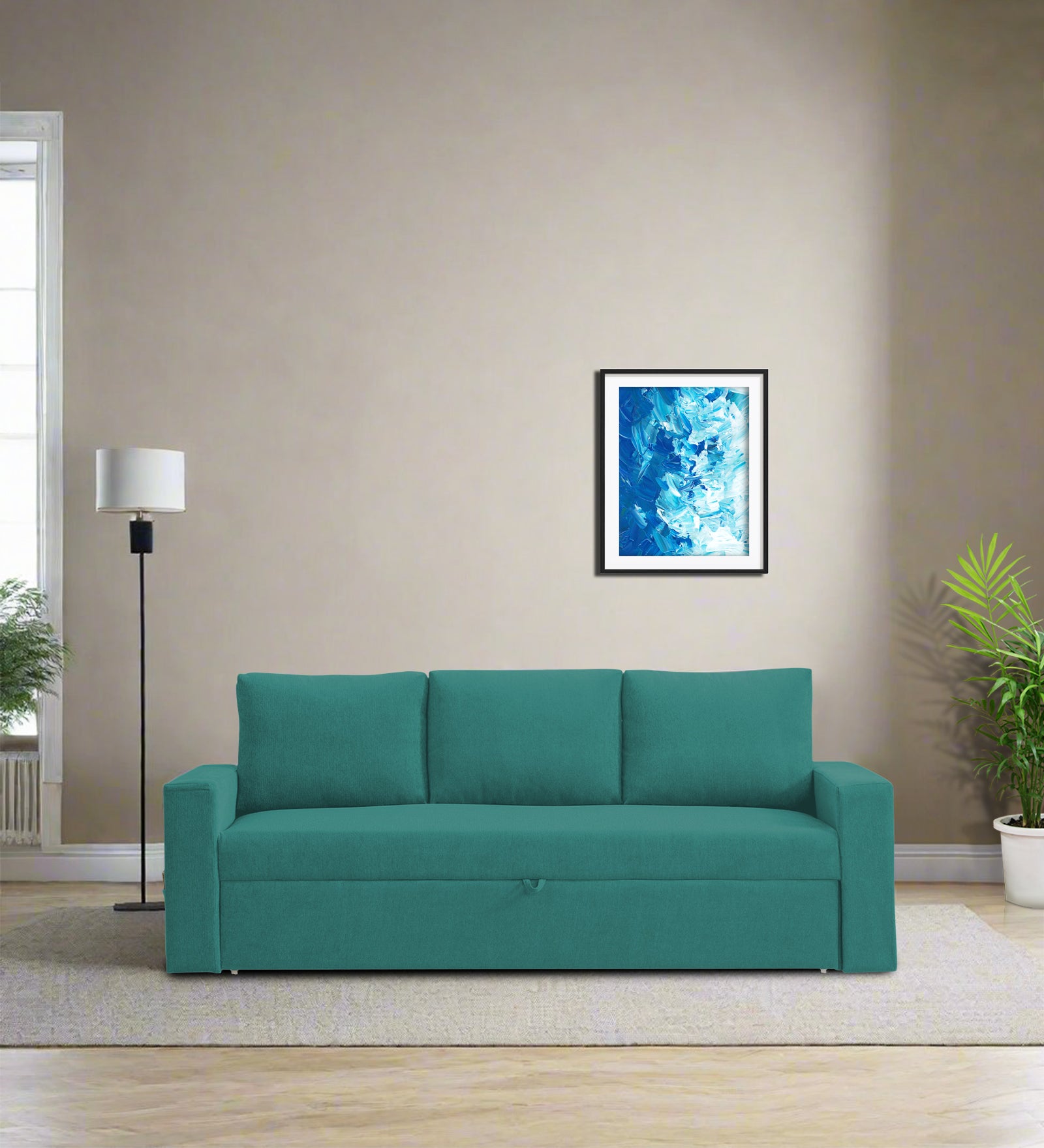 Kara Fabric 3 Seater Pull Out Sofa Cum Bed In Sea Green Colour - Febonic Living