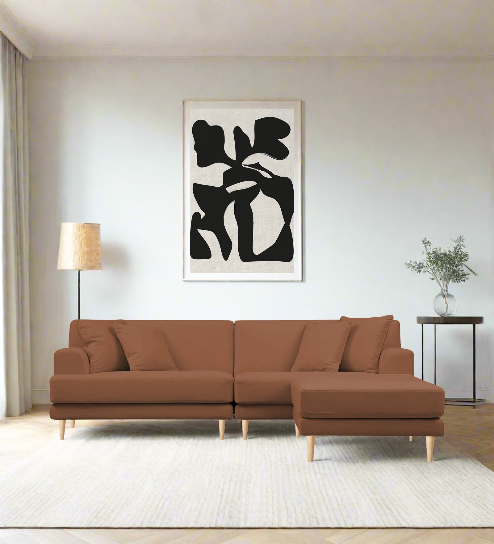 Woody Fabric LHS Sectional Sofa (3+Lounger) In Caramel Beige Colour - Febonic Living