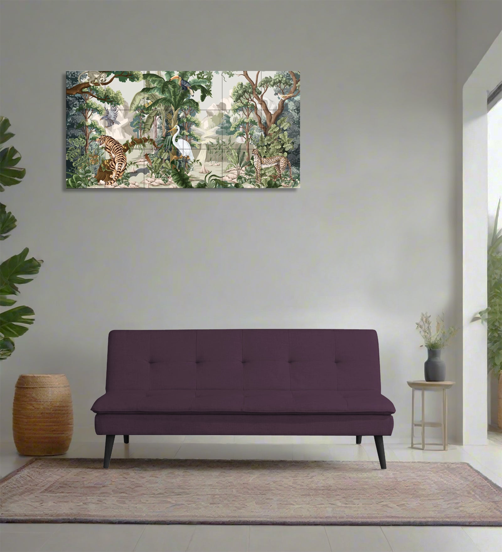 Toner Fabric 3 Seater Convertible Sofa Cum Bed In Greek Purple Colour - Febonic Living