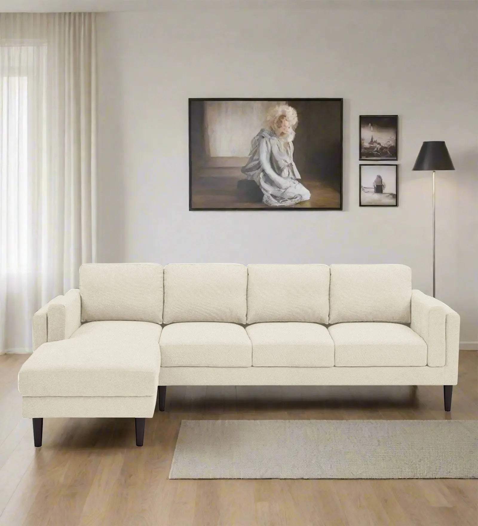 Creata Fabric RHS Sectional Sofa (3+Lounger) In Ivory Cream Colour Febonic Living