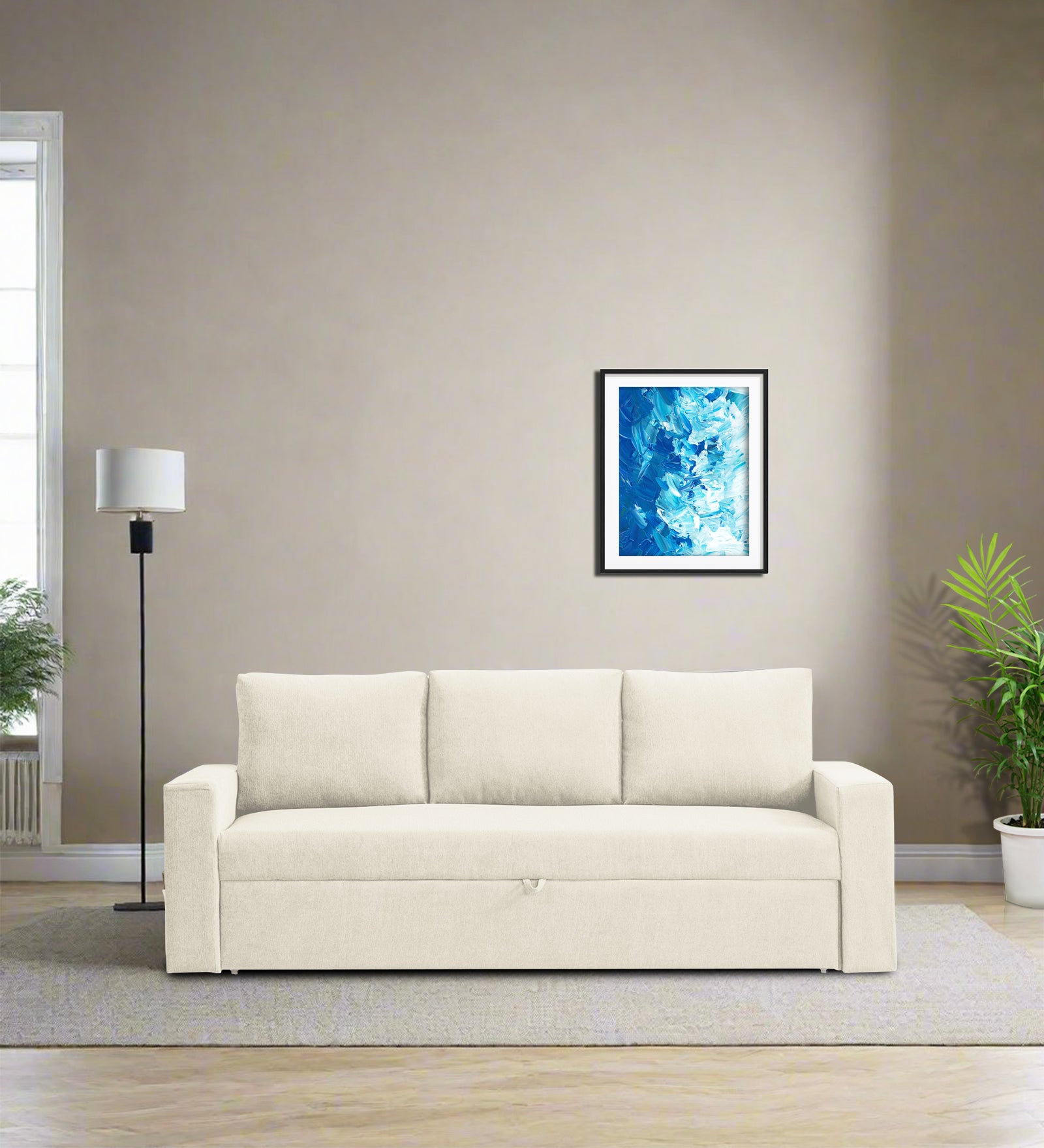 Kara Fabric 3 Seater Pull Out Sofa Cum Bed In Ivory Cream Colour - Febonic Living