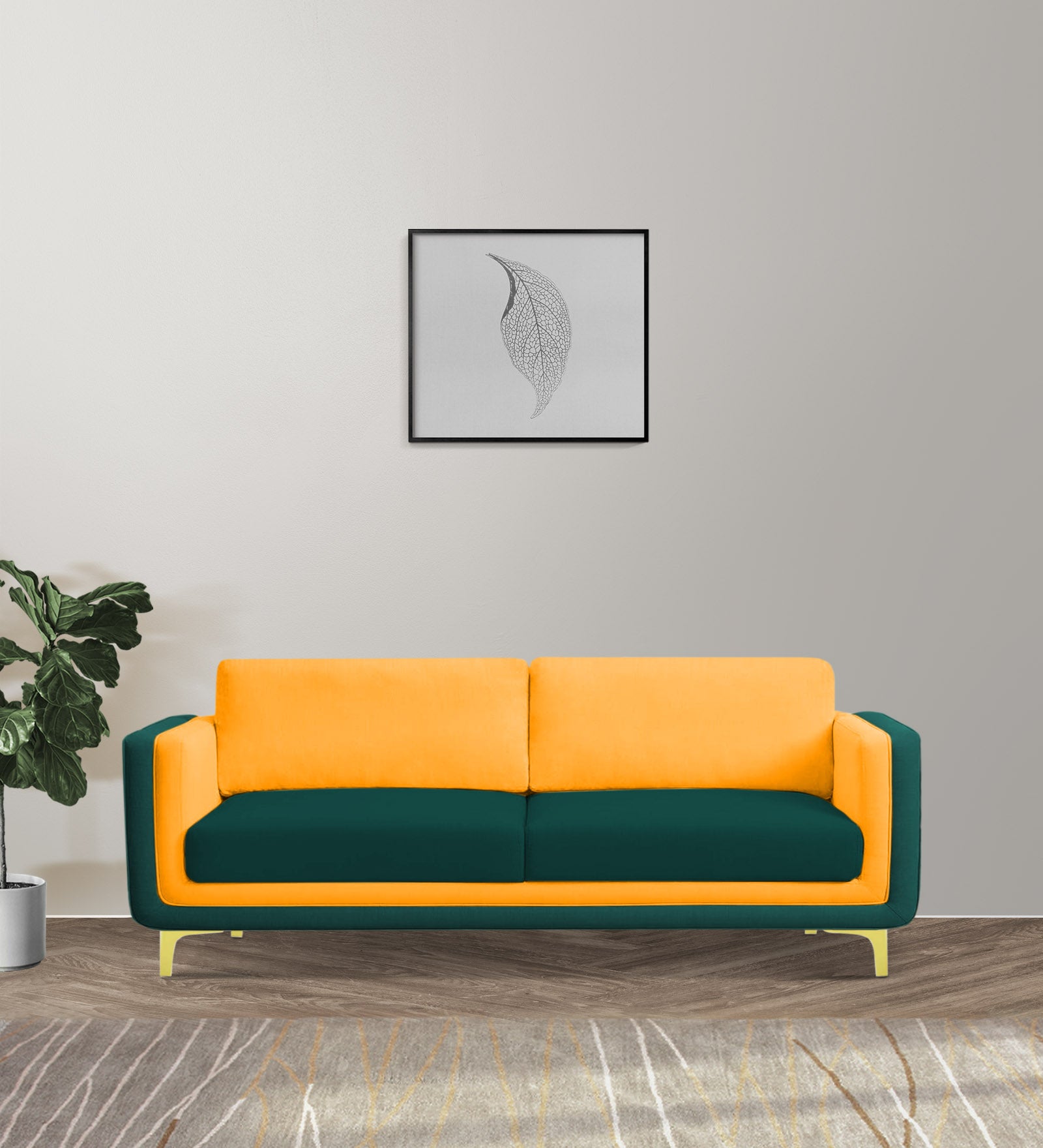 Visky Velvet 3 Seater Sofa in Saffron Yellow-Amazon Green Colour