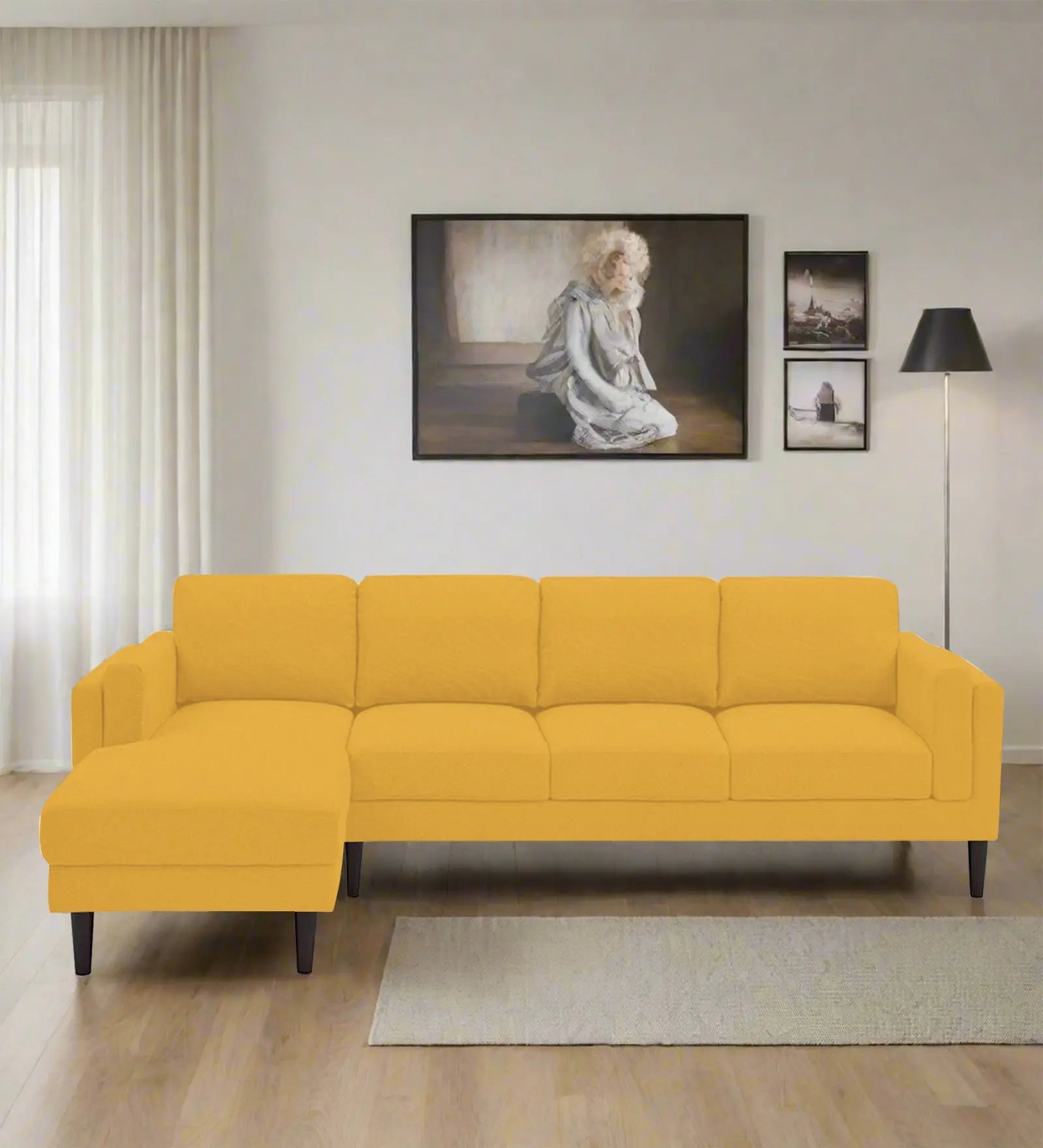 Creata Fabric RHS Sectional Sofa (3+Lounger) In Bold Yellow Colour Febonic Living