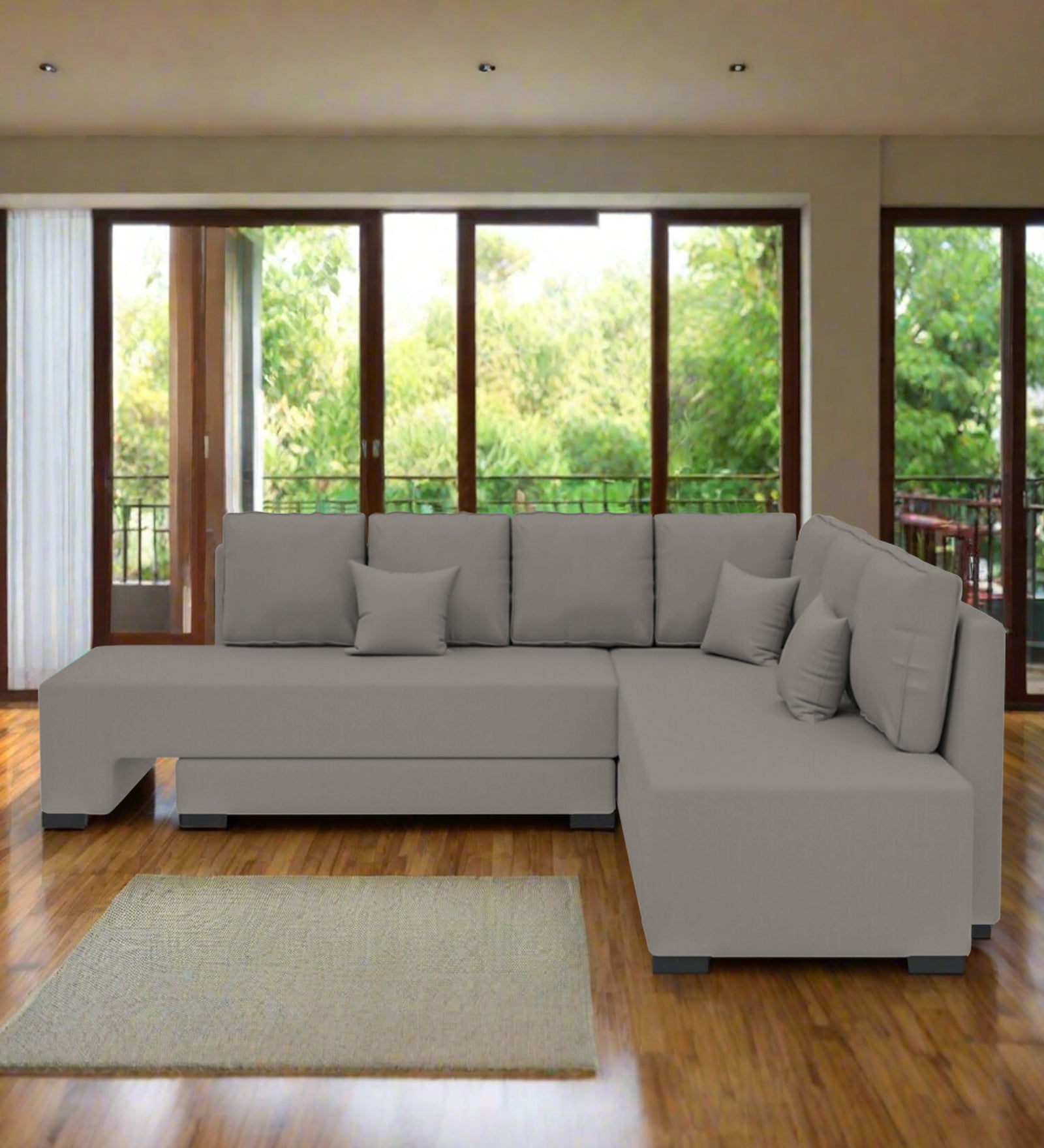 Corby Velvet RHS 6 Seater Convertible Sofa Cum Bed In Echo Grey Colour - Febonic Living