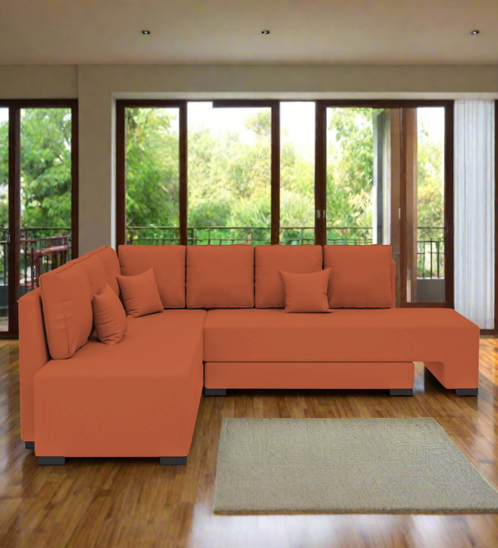 Corby Velvet LHS 6 Seater Convertible Sofa Cum Bed In Yam Orange Colour - Febonic Living