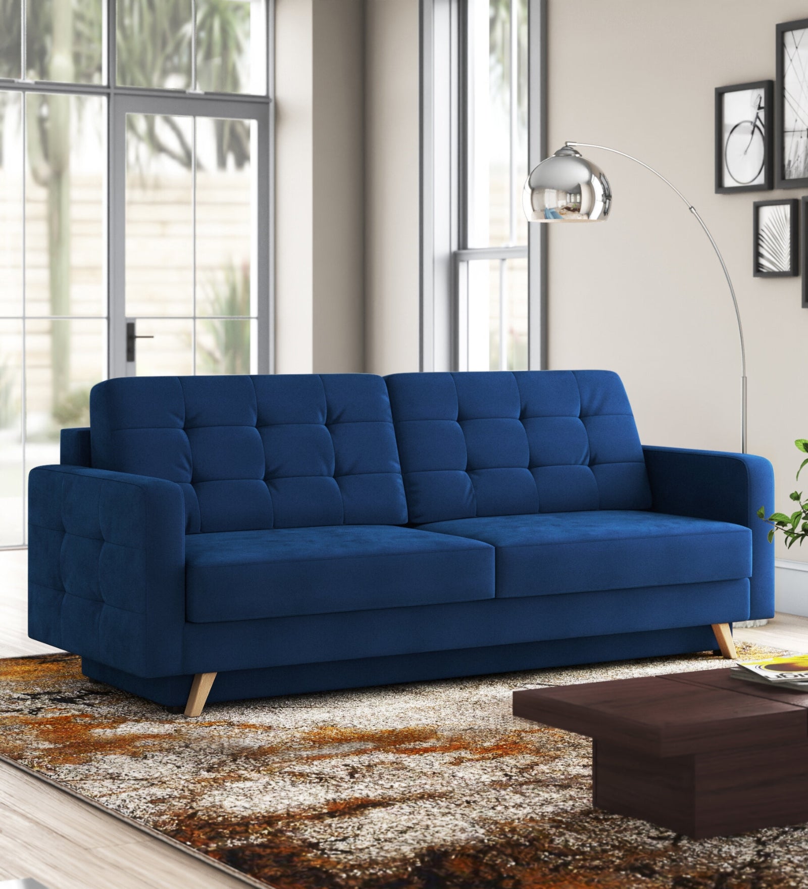 Hursty Velvet 3 Seater Pull Out Sofa Cum Bed In Imperial Blue Colour - Febonic Living