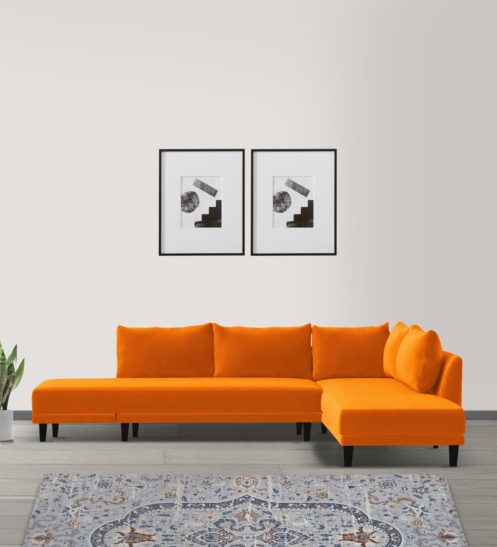 Ira Fabric LHS 6 Seater Convertible Sofa Cum Bed In Vivid Orange Colour - Febonic Living