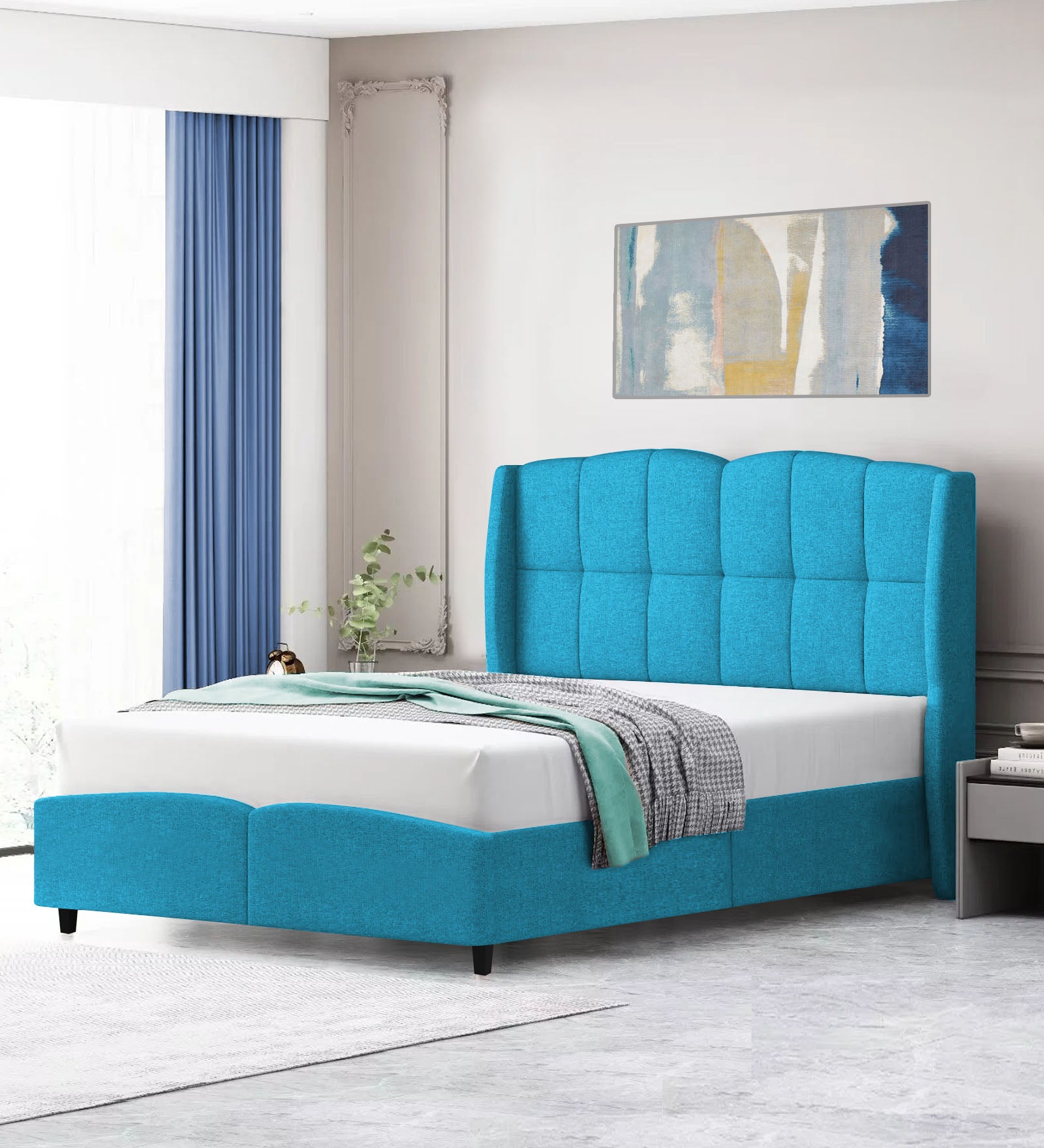 Jovi Velvet Queen Size Bed In Aqua Blue Colour - Febonic Living