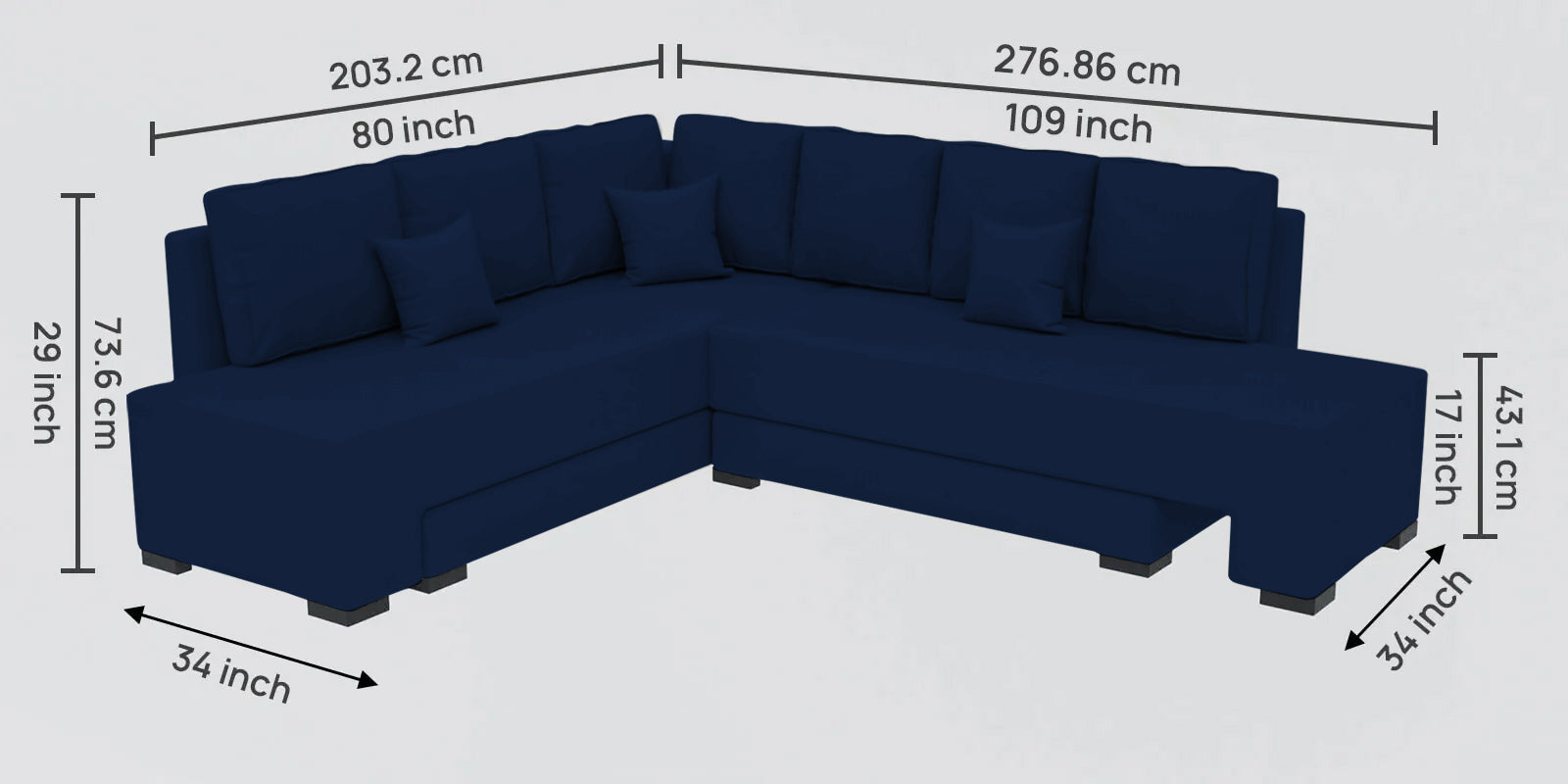Corby Velvet RHS 6 Seater Convertible Sofa Cum Bed In Imperial Blue Colour - Febonic Living