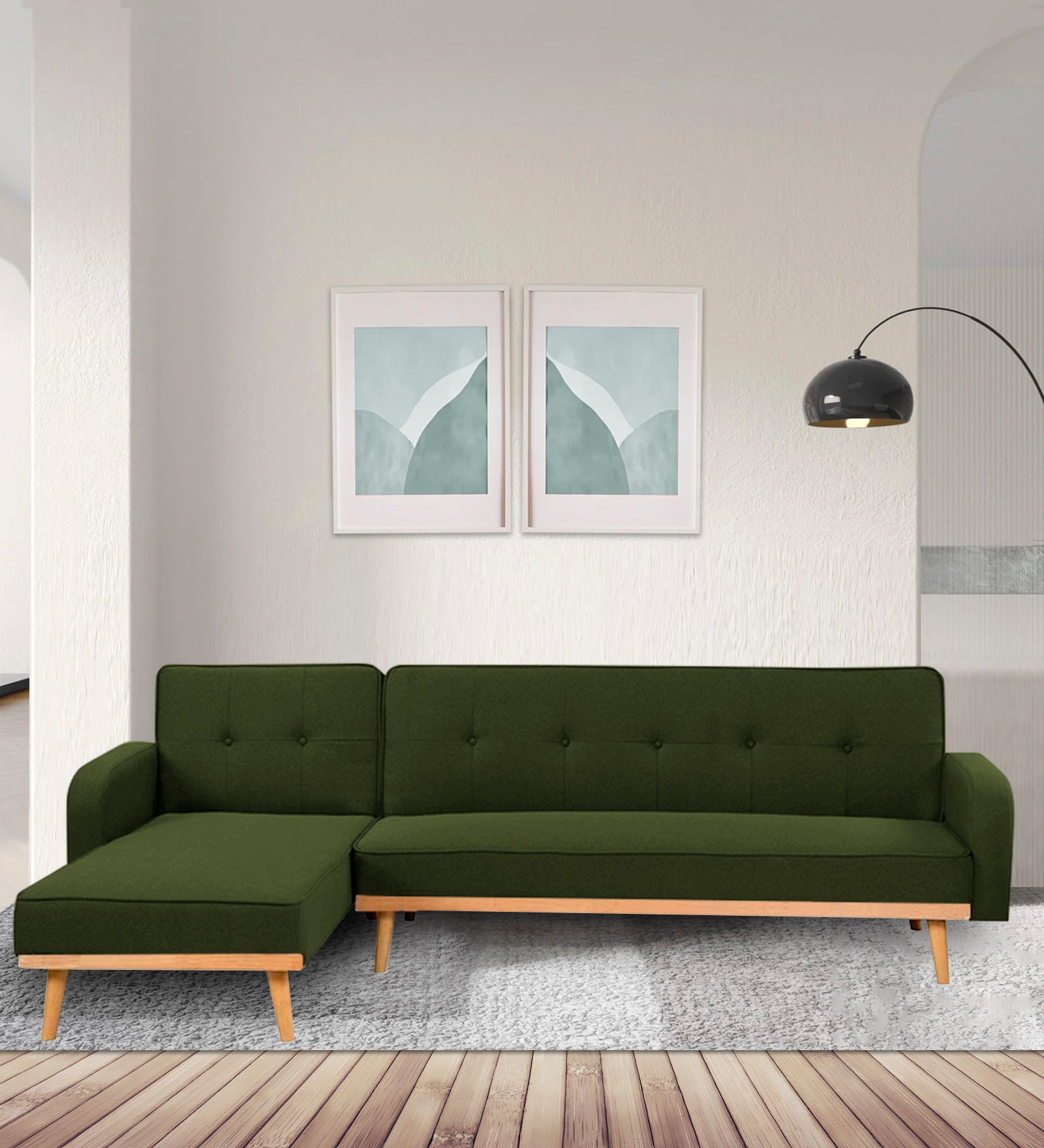 Zuno Fabric RHS Convertible Sofa Cum Bed In Olive Green Colour - Febonic Living