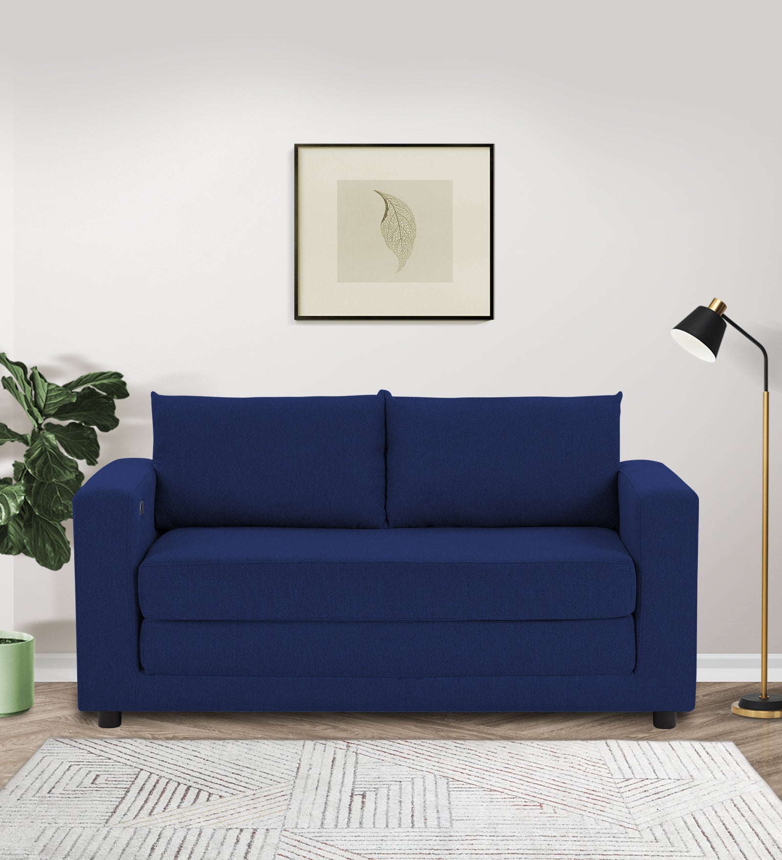 Roman Fabric 3 Seater Foldable Sofa Cum Bed In Royal Blue Colour With USB Portable Type - Febonic Living