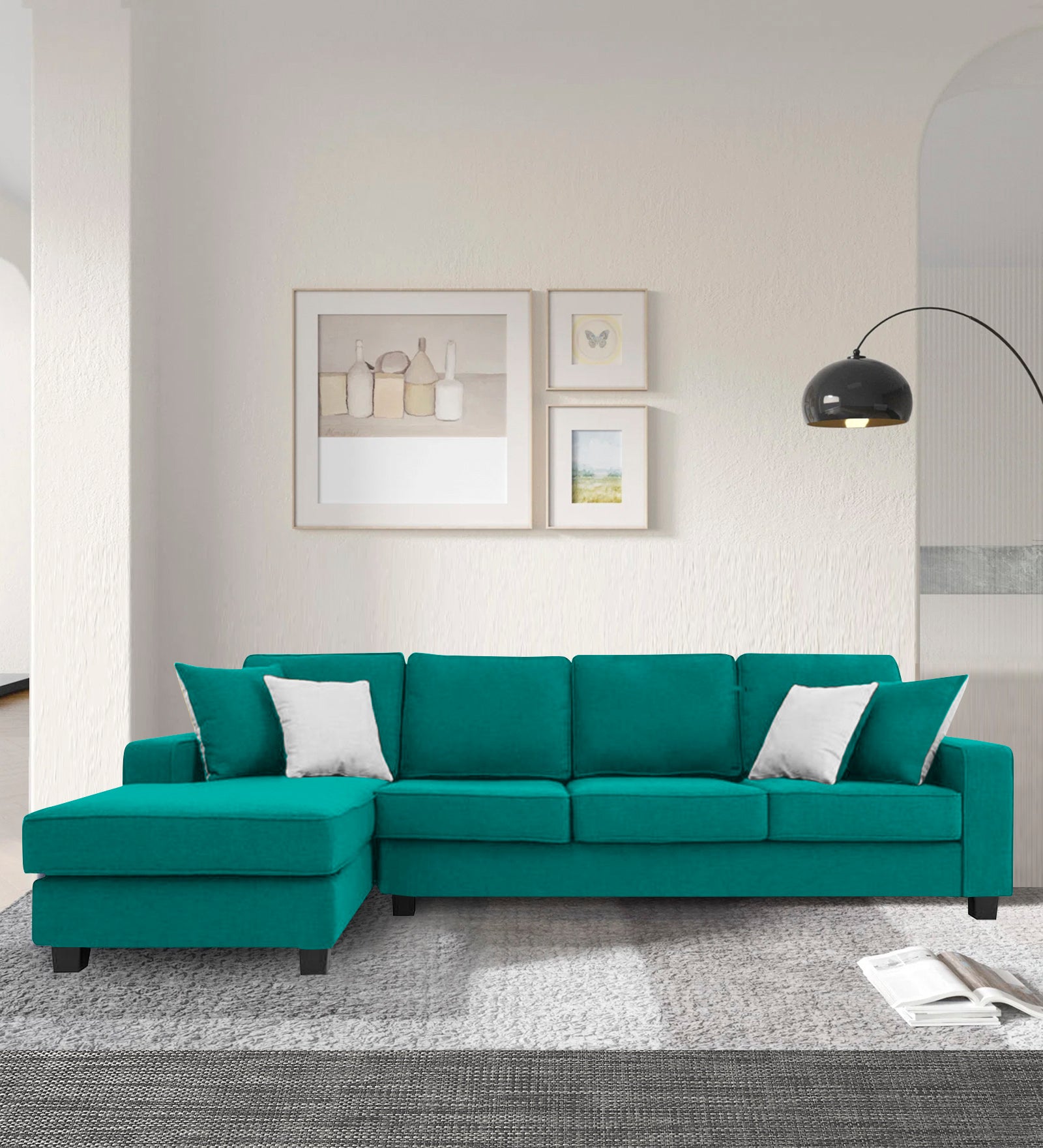 Ladybug Fabric RHS Sectional Sofa (3+Lounger) In Sea Green Colour - Febonic Living