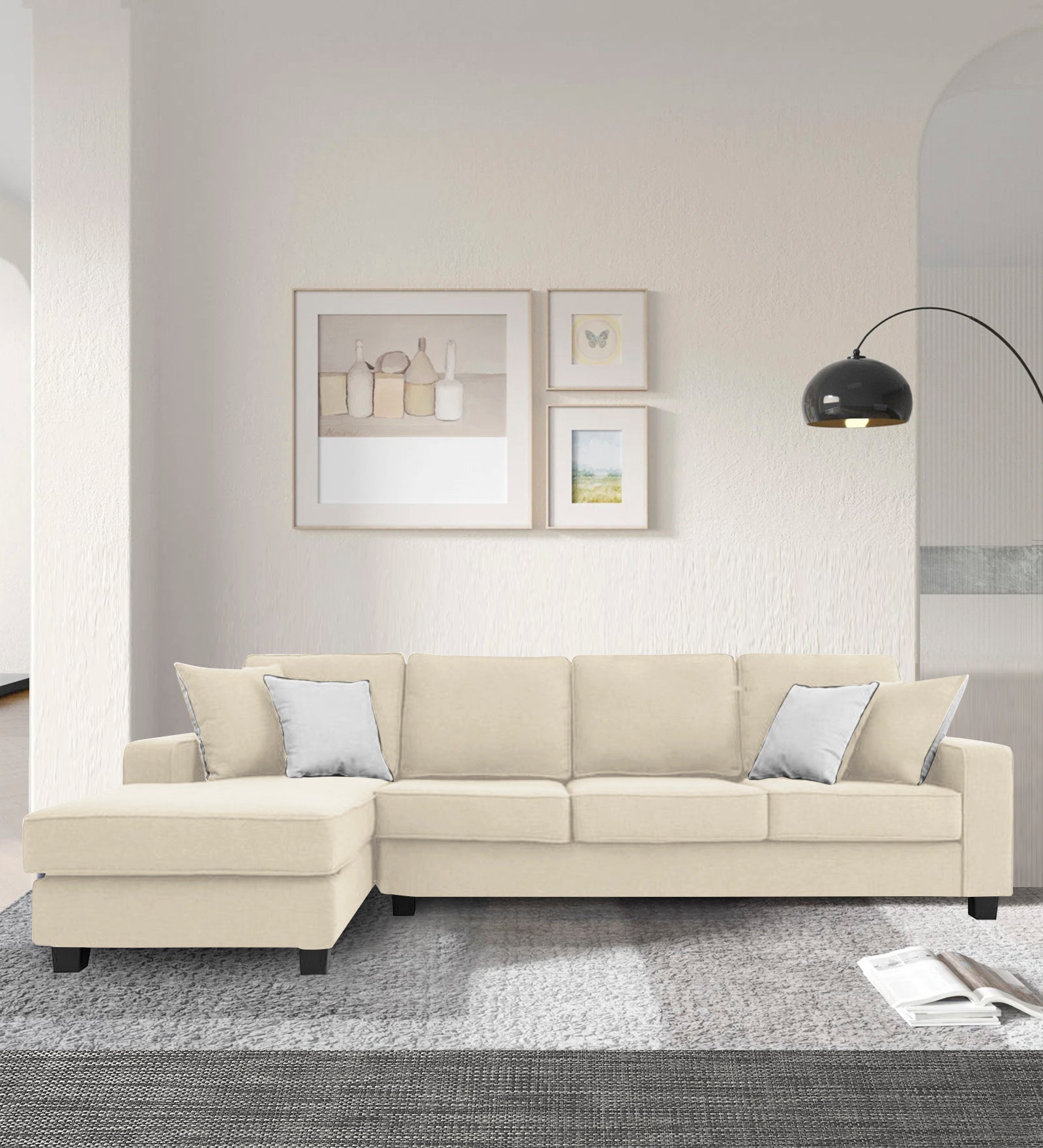 Ladybug Fabric RHS Sectional Sofa (3+Lounger) In Ivory Cream Colour - Febonic Living