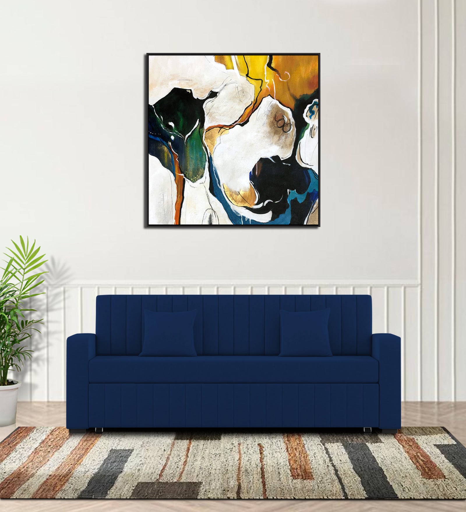 Calra Fabric 3 Seater Pull Out Sofa Cum Bed In Royal Blue Colour With Storage - Febonic Living