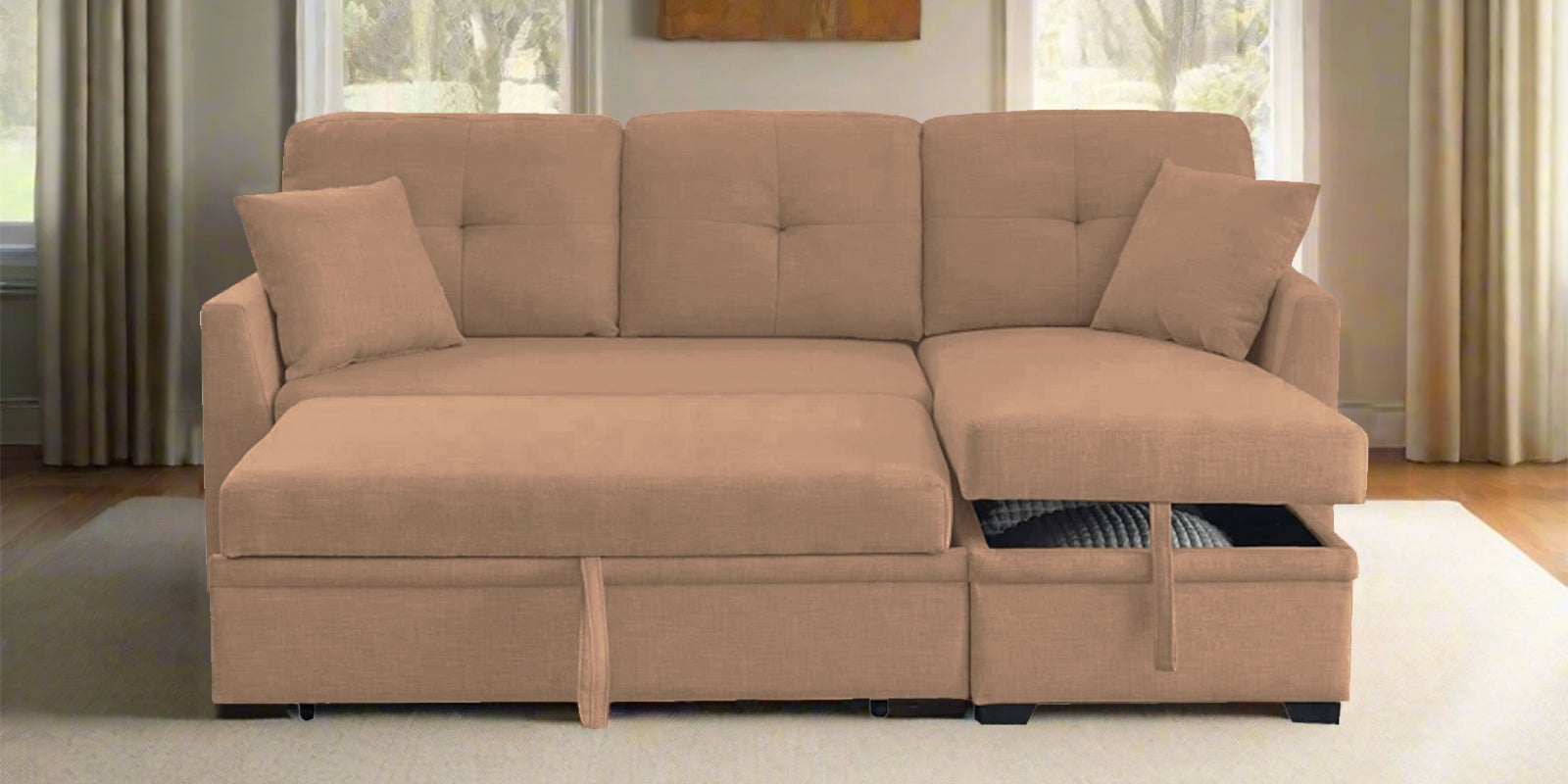 Jody Fabric 3 Seater Pull Out Sofa Cum Bed In Cosmic Beige Colour With Storage - Febonic Living