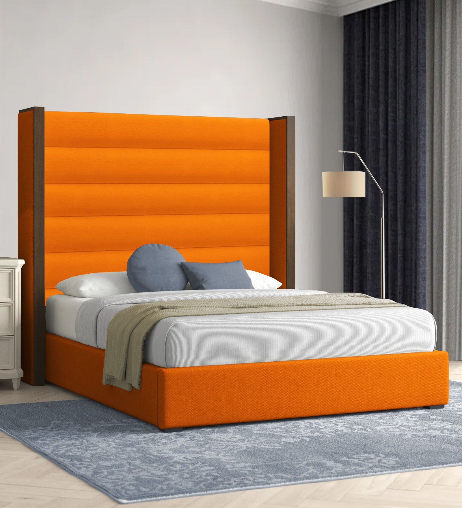 Sunny Fabric Queen Size Bed In Vivid Orange Colour - Febonic Living